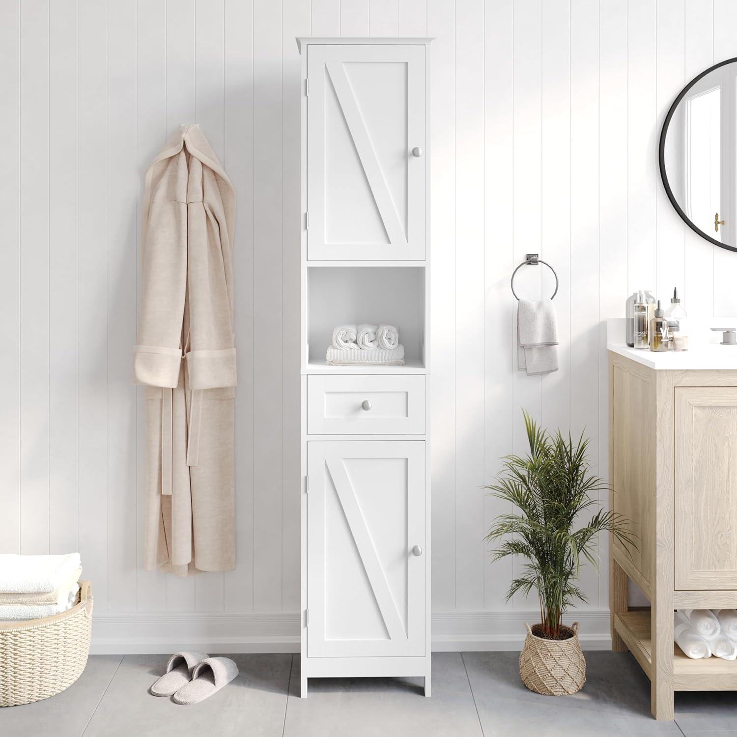 White Engineered Wood Bathroom Linen Tower with Adjustable Shelves