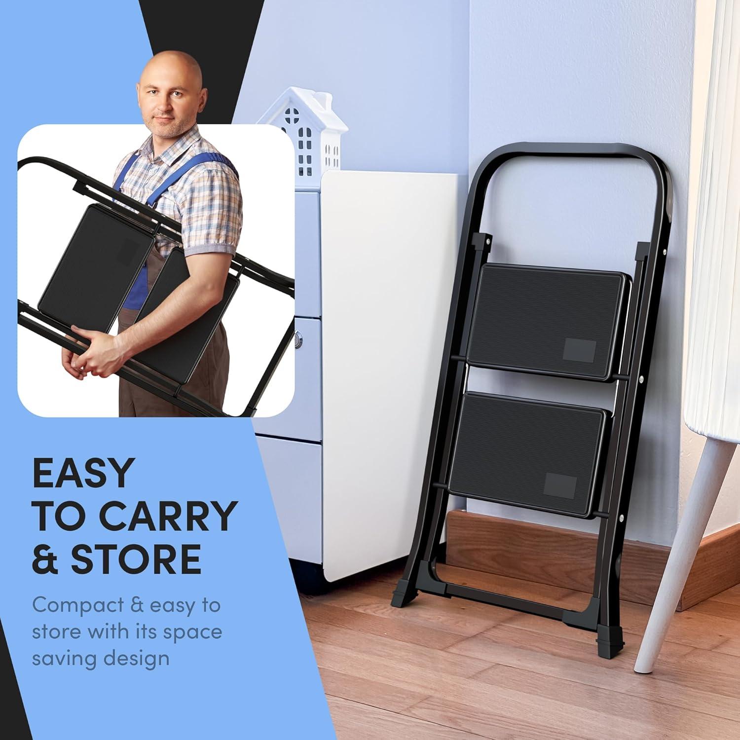 Lifetime Appliance Parts 2-Step Ladder with Wide Anti-Slip Platform & Thick Rubber feet - Foldable & Portable - 330 lbs Capacity - BLACK