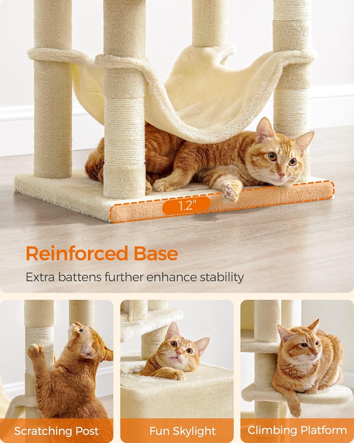 Beige 61-Inch Multi-Level Plush Cat Tree with Sisal Posts