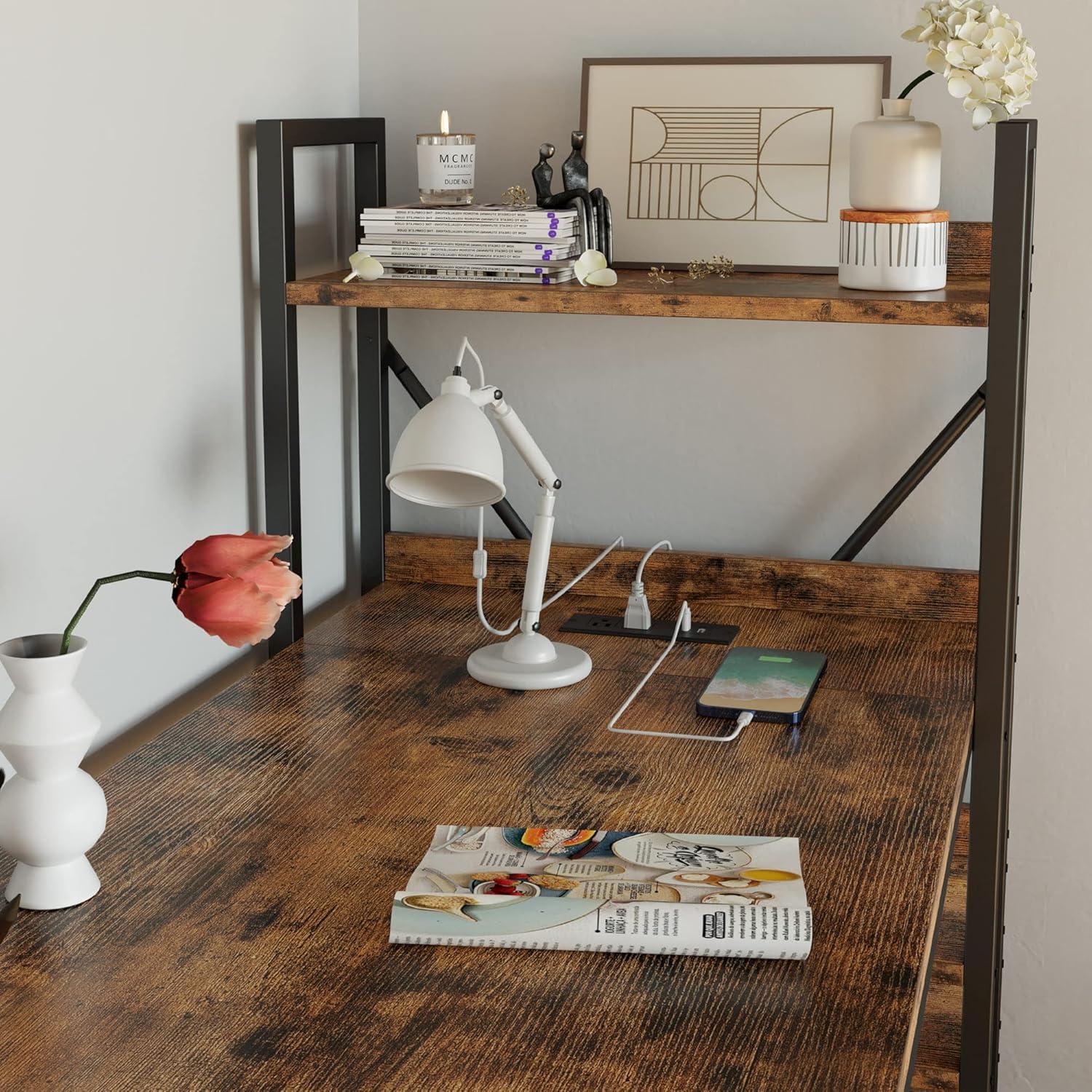 IRONCK Computer Desk 55" with Power Outlet & Storage Shelves for Home Office Rustic Brown