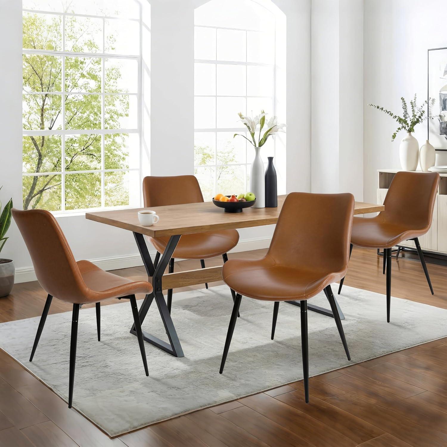 CangLong Modern ‎Faux Leather Dining Chairs, PU Cushion Seat Back, Metal Legs for Kitchen Dining Room Side Chair, Set of 2, Brown