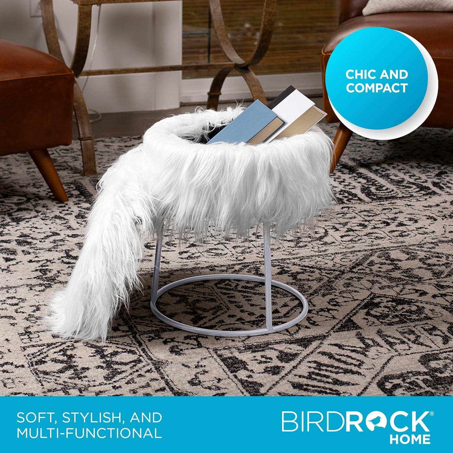 BirdRock Home Round White Faux Fur Foot Stool Storage Ottoman with Silver Legs