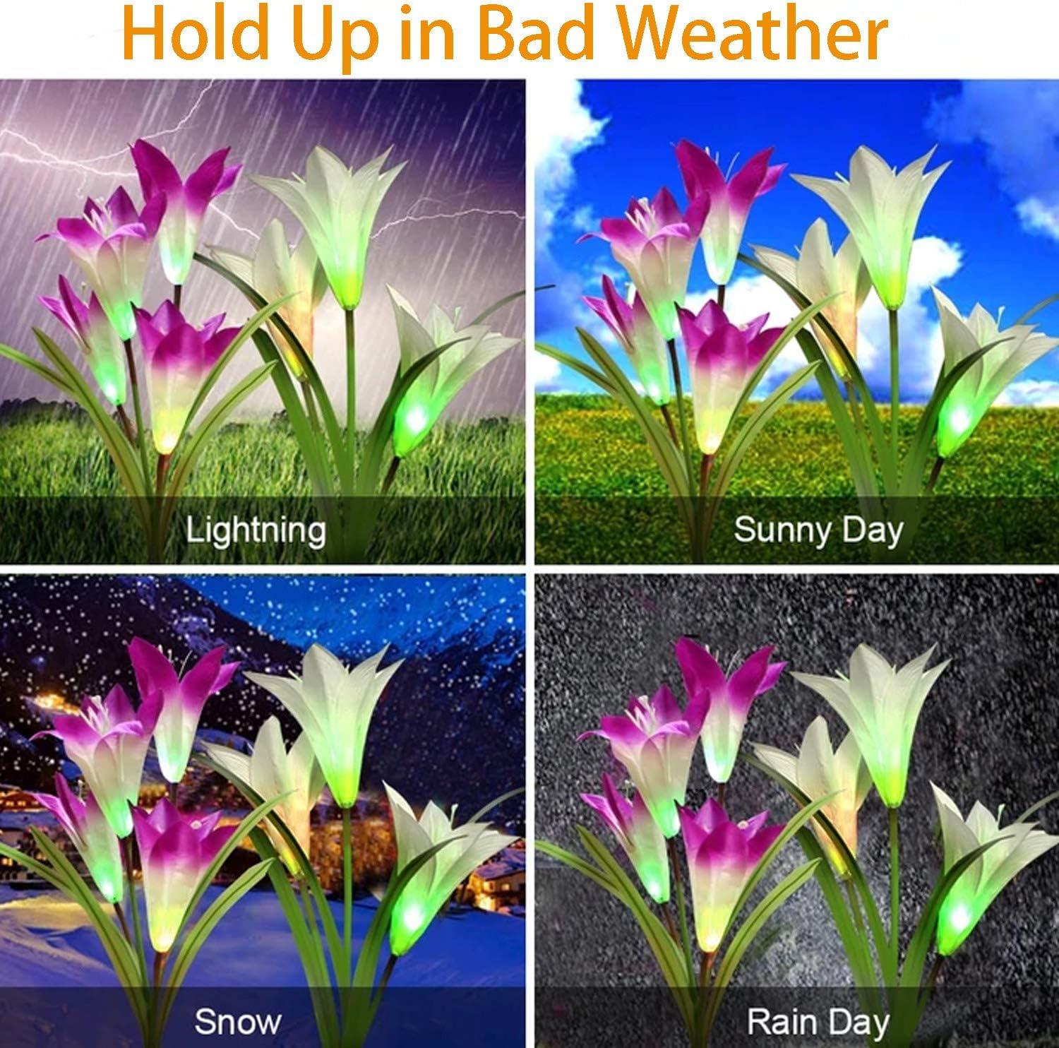ANGMLN 4 Pack Solar Flowers Lights,16 Bigger Head Solar Lily Flowers, 7 Color Changing Pathway Lamps for Garden Patio Yard Party Wedding Holiday Outdoor Garden Stake Decoration(Purple2&White1&Pink1)