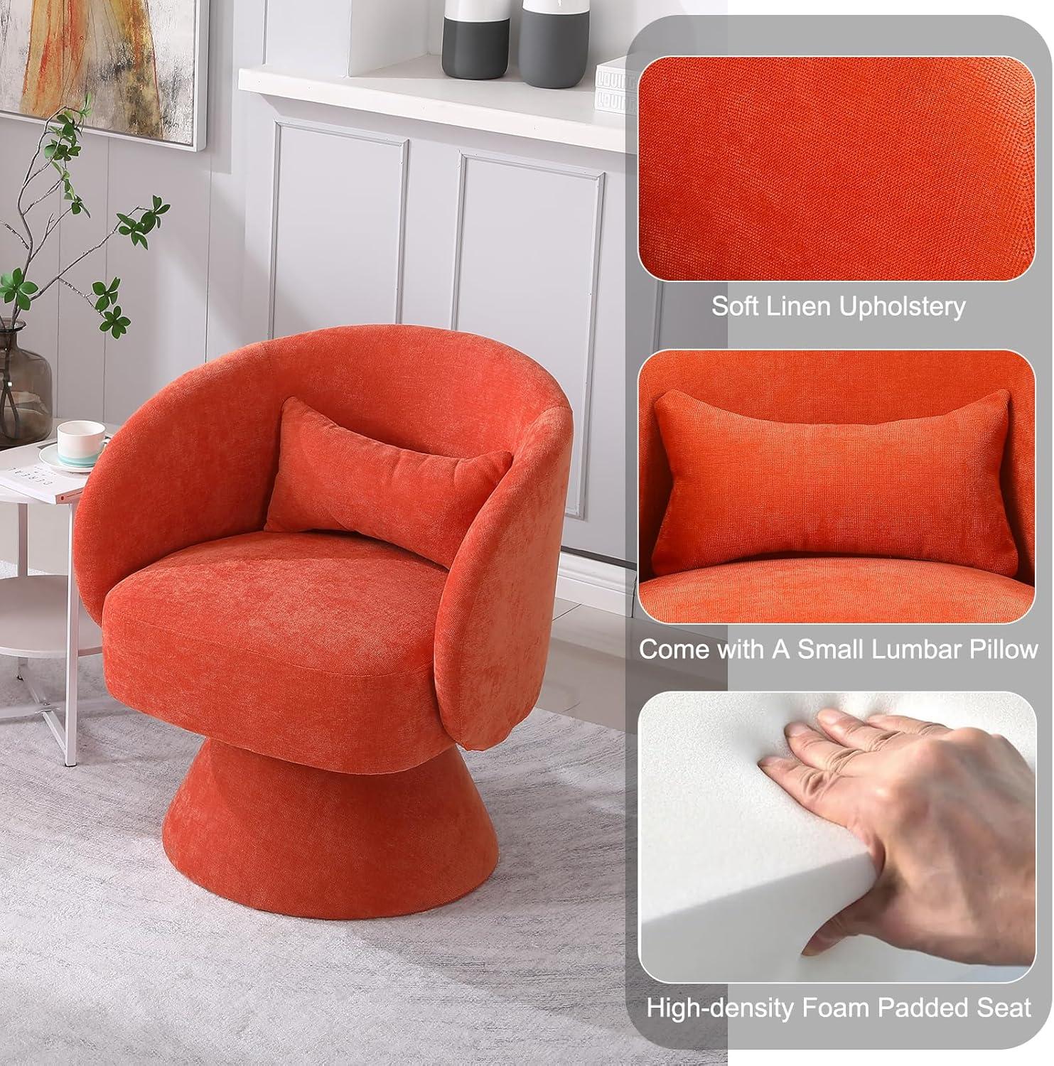 IDEASY Swivel Round Barrel Chair, 360-Degree Accent Armchair for Living Room, Bedroom, 26.4" x 24.2" x 30.7", Linen, Orange