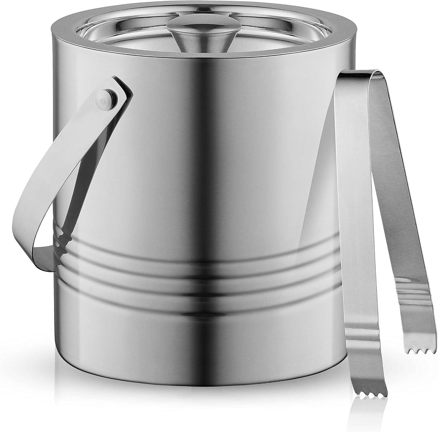 Stainless Steel Double Wall Ice Bucket with Lid and Tongs