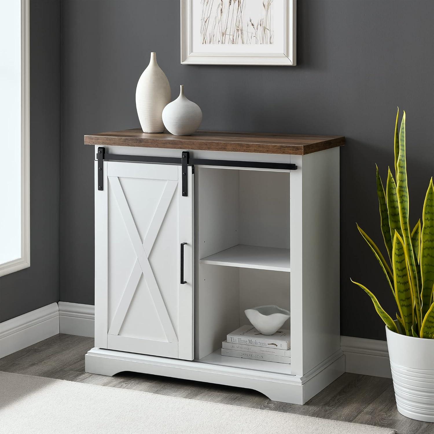 Walker Edison Sliding Barn Door Accent Cabinet, Solid White / Rustic Oak