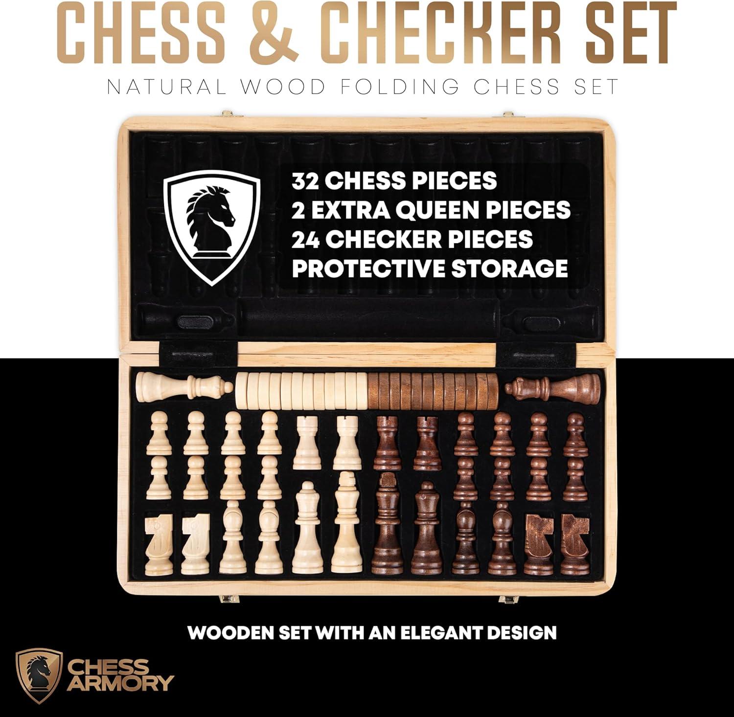 15" Walnut and Maple Wooden Chess and Checkers Set