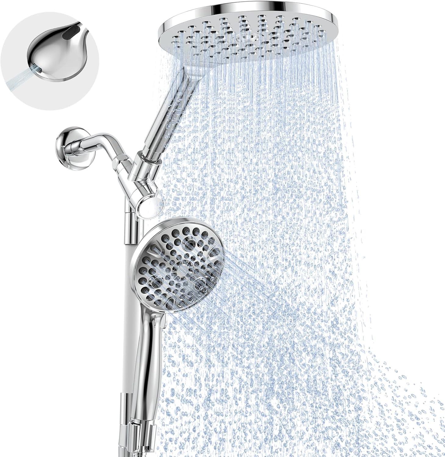 Dual Handheld Shower Head Combo, 2-in-1 Rain Shower Heads System 8 Inch Rainfall Shower Head and 10 Modes High Pressure Hand Held Showerhead with Built-in Power Wash