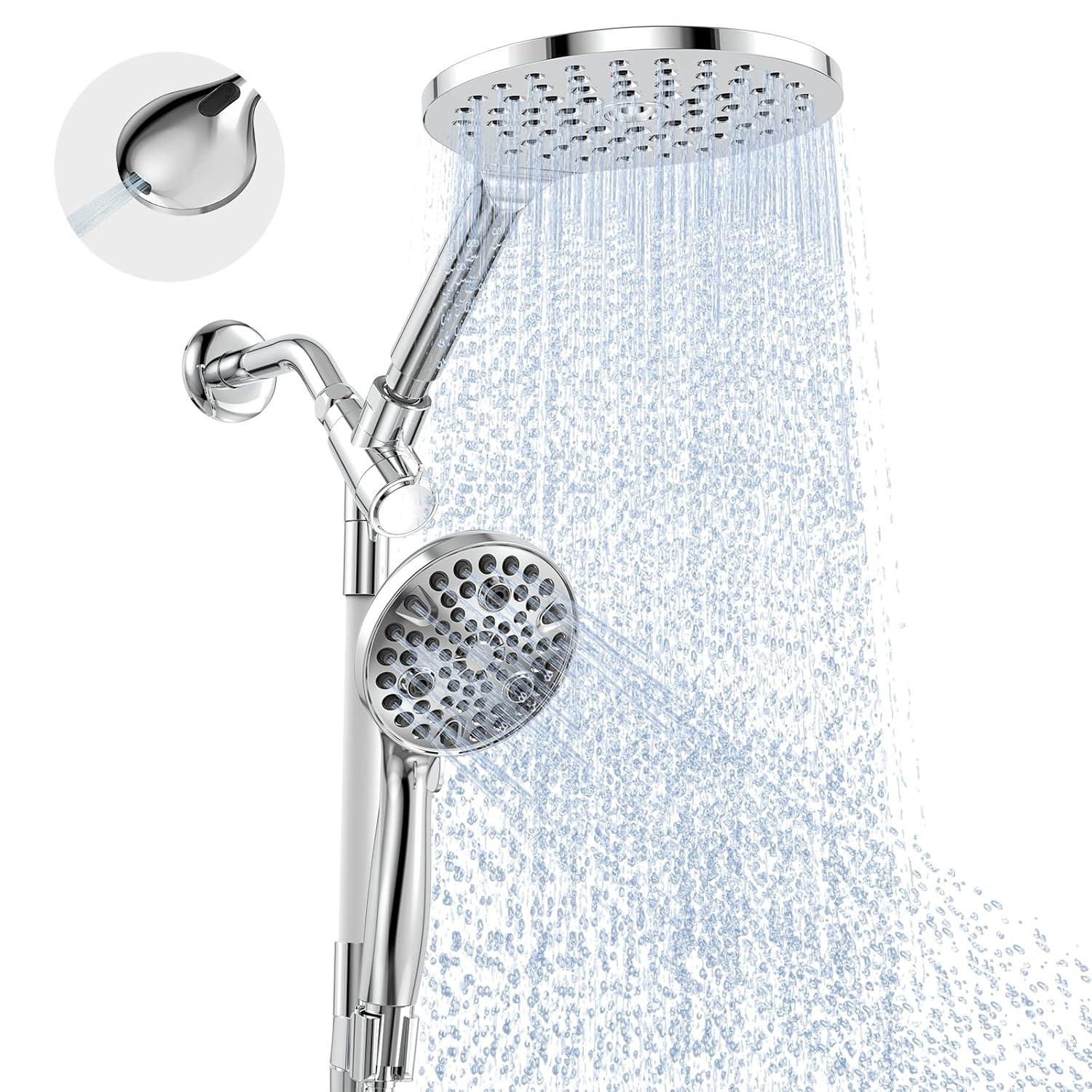 Dual Handheld Shower Head Combo, 2-in-1 Rain Shower Heads System 8 Inch Rainfall Shower Head and 10 Modes High Pressure Hand Held Showerhead with Built-in Power Wash