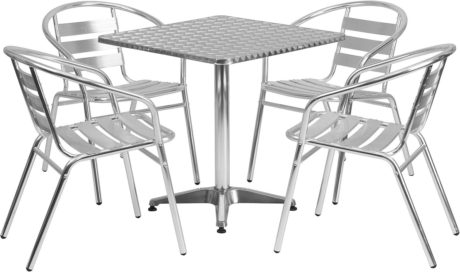 Silver Aluminum 5-Piece Patio Dining Set with Square Table and Slat Back Chairs