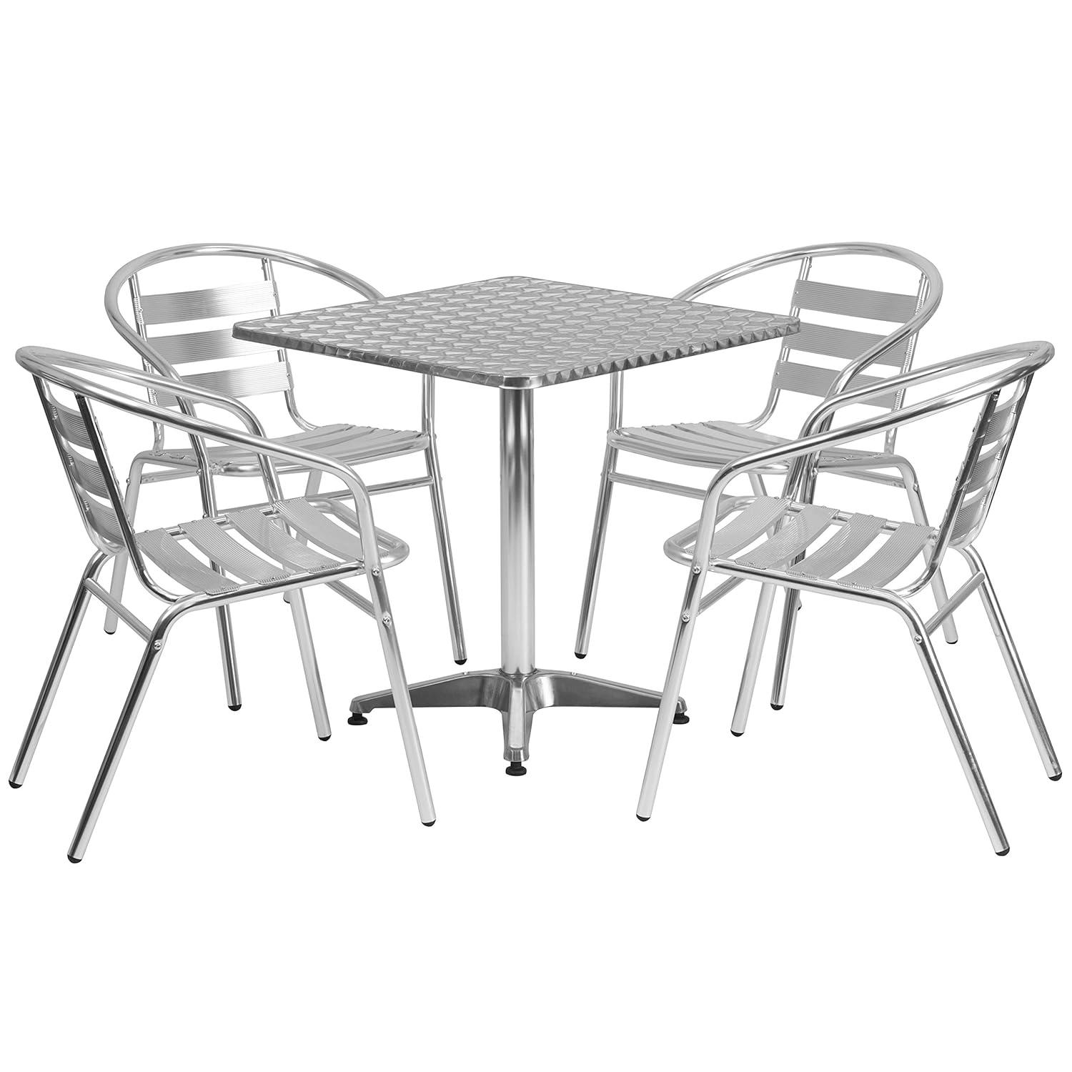 Flash Furniture Juego de Comedor de Aluminio para Terraza de 5 Piezas con Mesa Cuadrada y 4 Sillas con Respaldo de Listones, Plateado