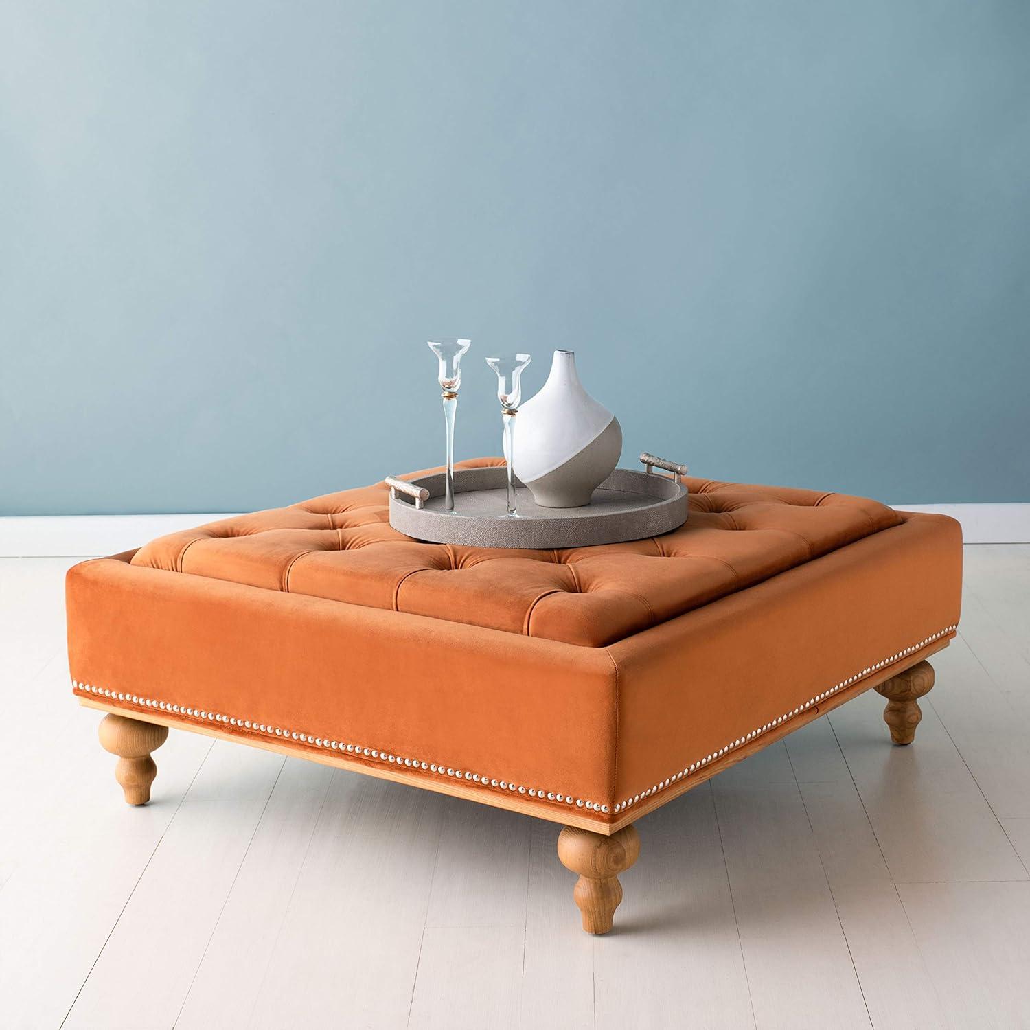 Sienna Velvet Tufted Square Ottoman with Oak Legs