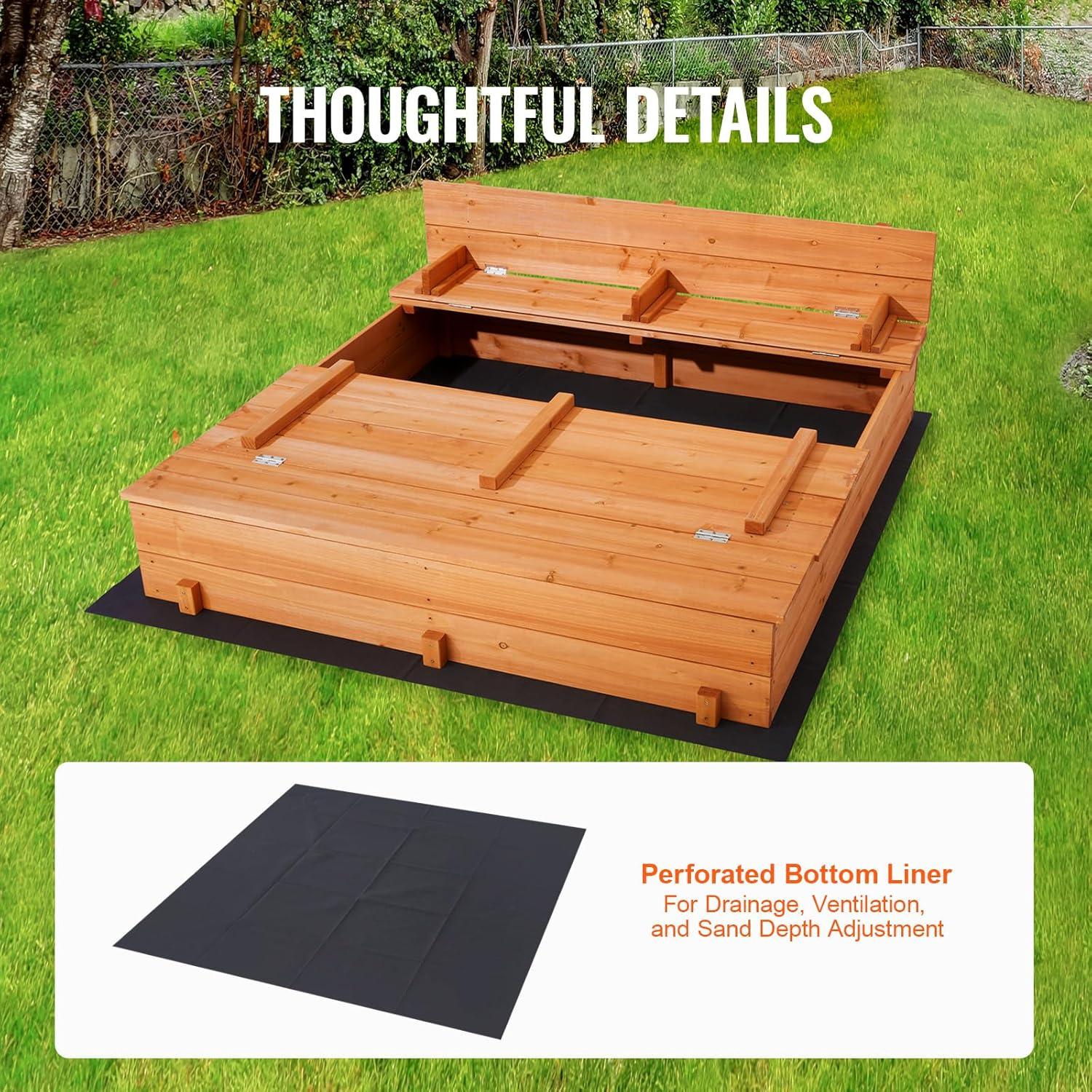 Natural Fir Wood Square Sandbox with Foldable Bench Seats