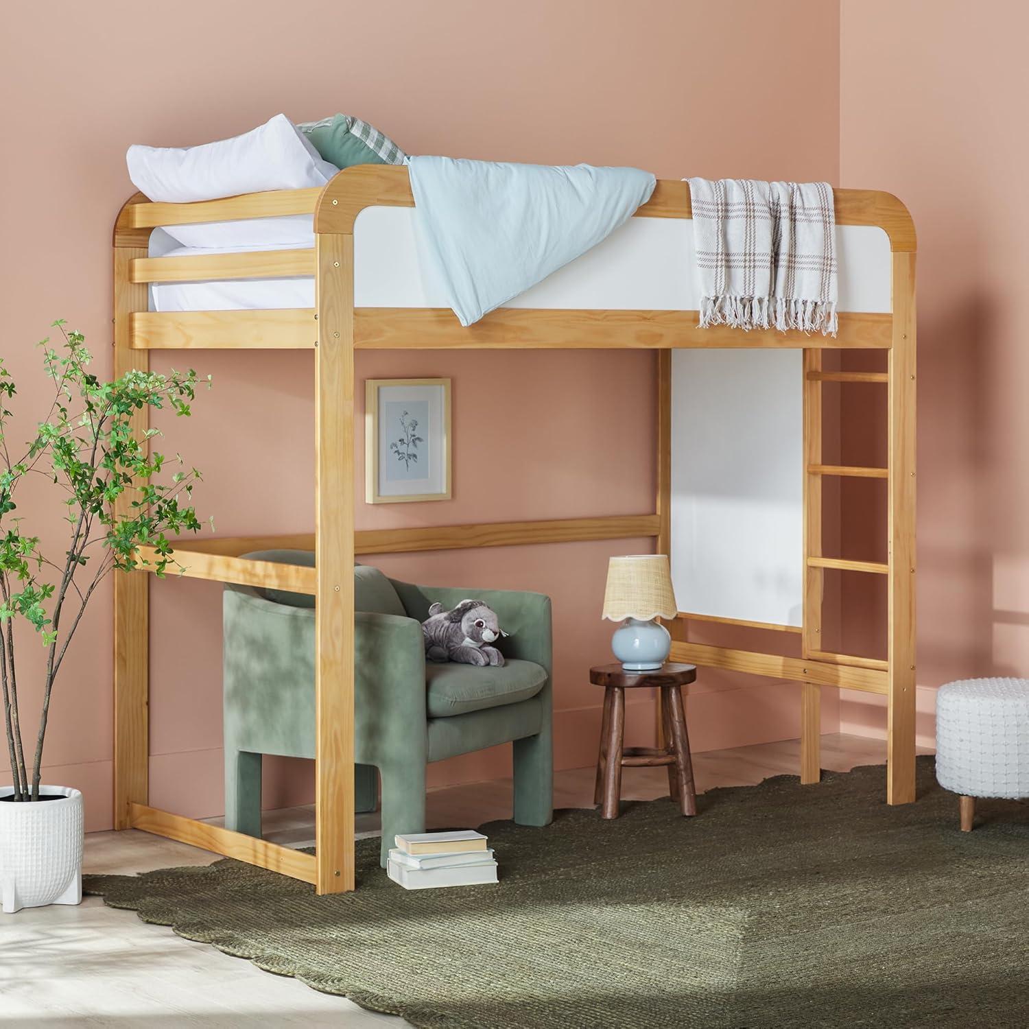 Walker Edison Contemporary Twin Loft Wooden Bed with Ladder, Natural Pine