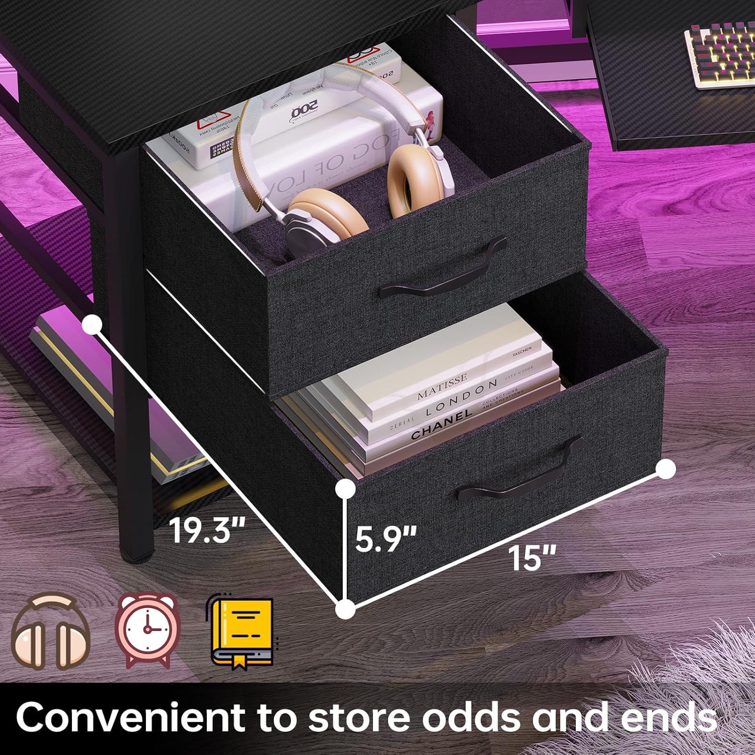 ADORNEVE Adult Collection Combat 2 Fabric Drawers and RGB LED Light Black Gaming Desk, Black