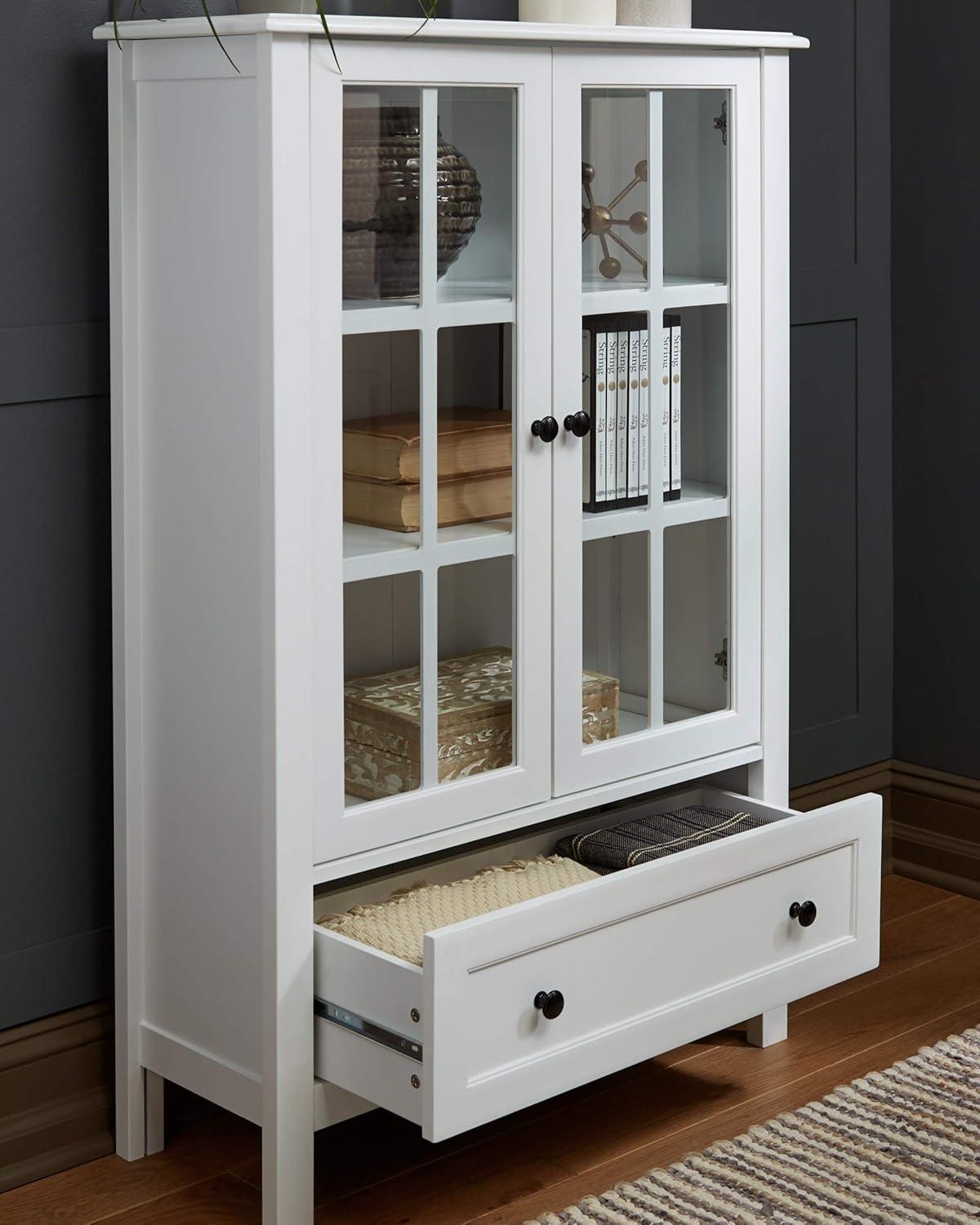 White Transitional Farmhouse China Cabinet with Glass Doors