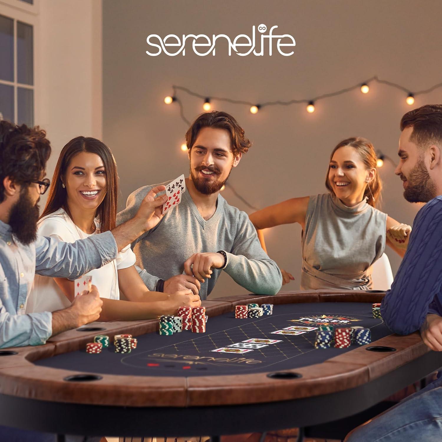 SereneLife 10 Players Oval Foldable Poker, Casino Leisure Texas Holdem Table, with Cushioned Rail