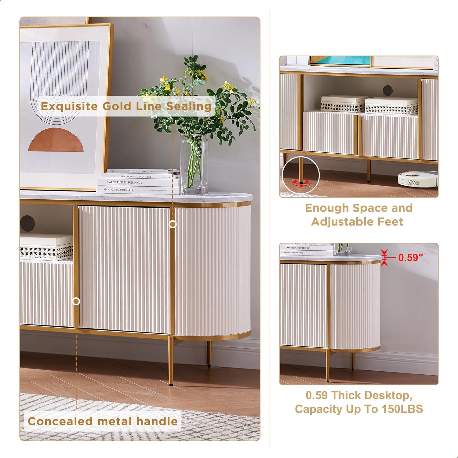 SinCiDo Luxury 70" Fluted TV Stand, Modern TV Console for TVs Up to 80 inches, Faux Marble Top & Curved Design, Off White