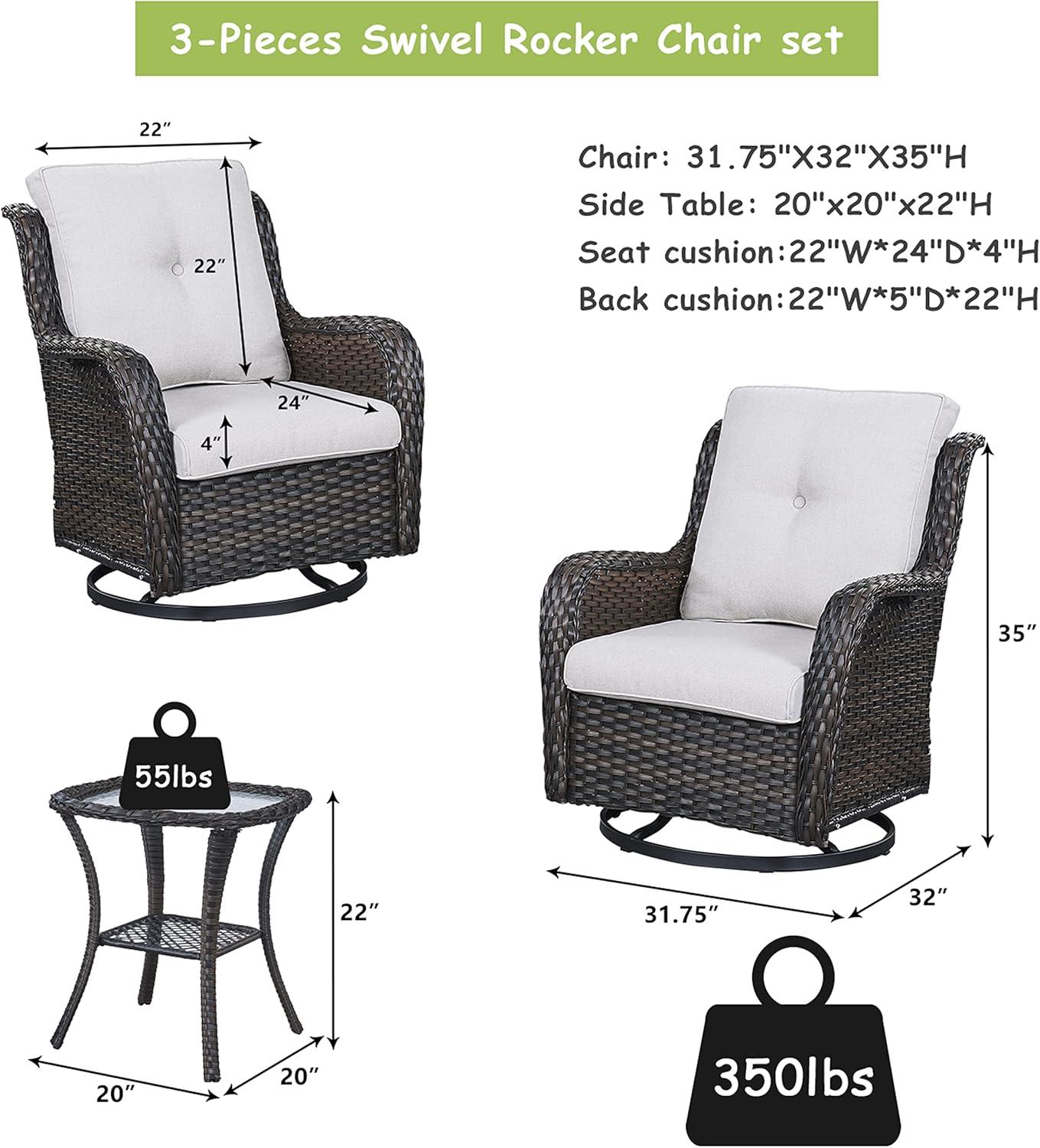 POCASSY 3 Piece Patio Set Outdoor Wicker Glider Rocking and Swivel Chairs with Side Table and Cushions - Patio Wicker Bistro Furniture Set, Brown Rattan & Beige Cushion