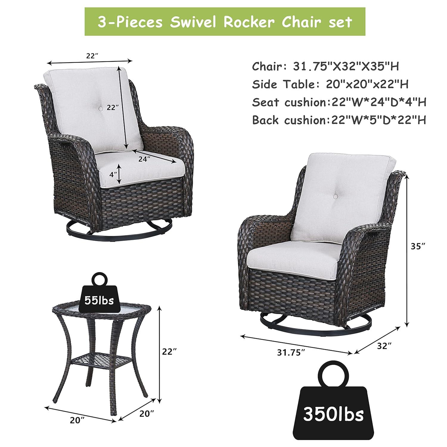 POCASSY 3 Piece Patio Set Outdoor Wicker Glider Rocking and Swivel Chairs with Side Table and Cushions - Patio Wicker Bistro Furniture Set, Brown Rattan & Beige Cushion