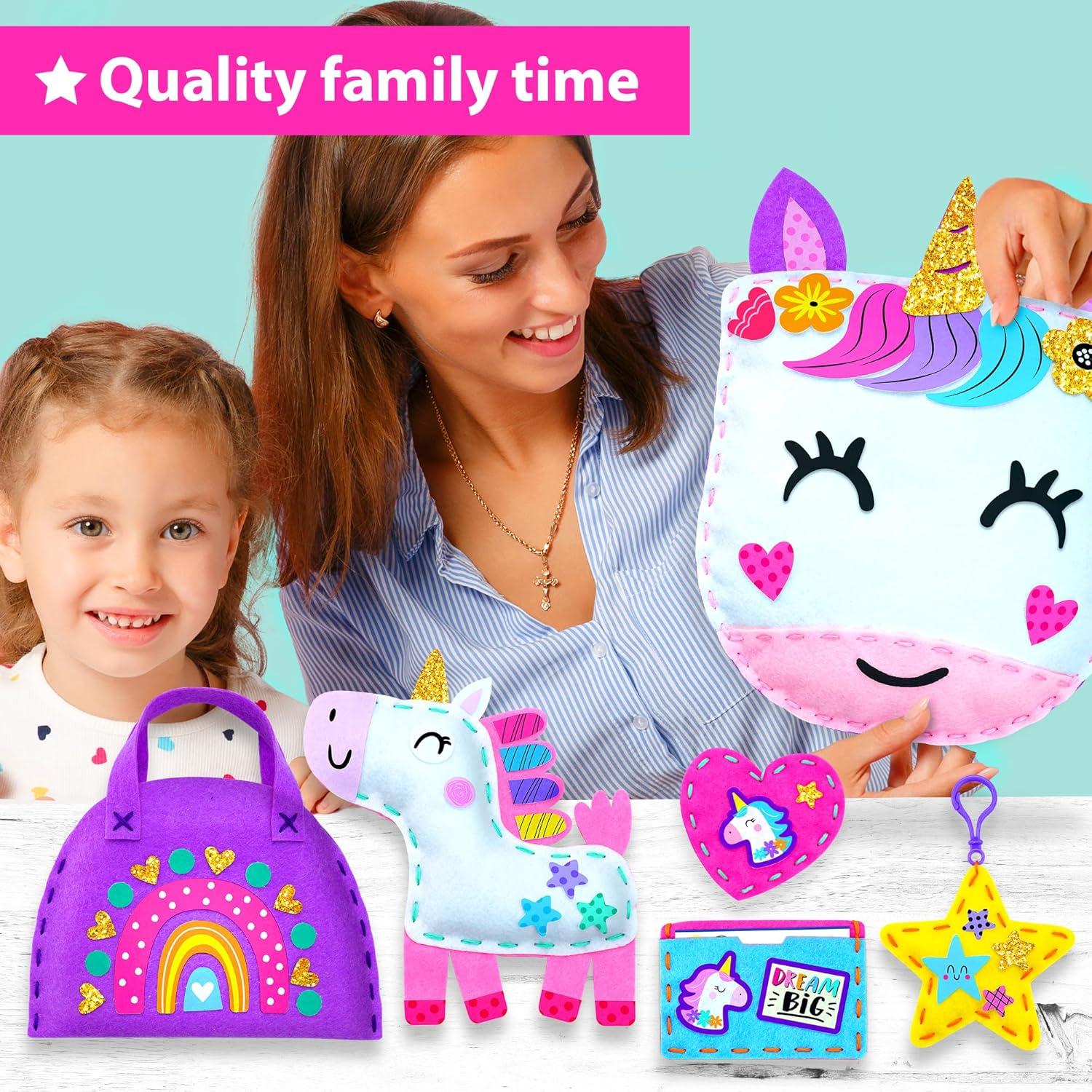 KRAFUN My First Unicorn Kids Sewing kit, Beginner Arts & Crafts, Make 8 Cute Projects with Plush Stuffed Animal, Pillow, Mobile, Keyring and Bag, Instructions & Felt for Learn Sewing, Embroidery