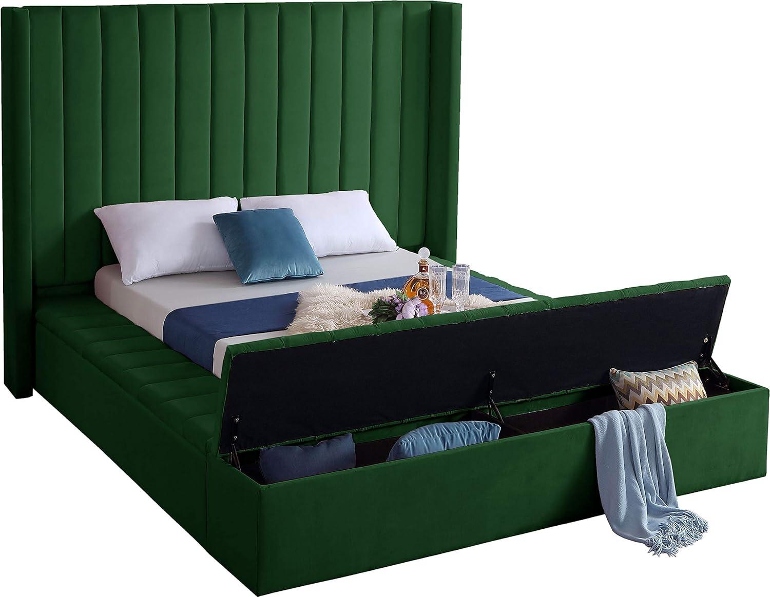 Meridian Furniture Kiki Solid Wood and Velvet Queen Bed in Green