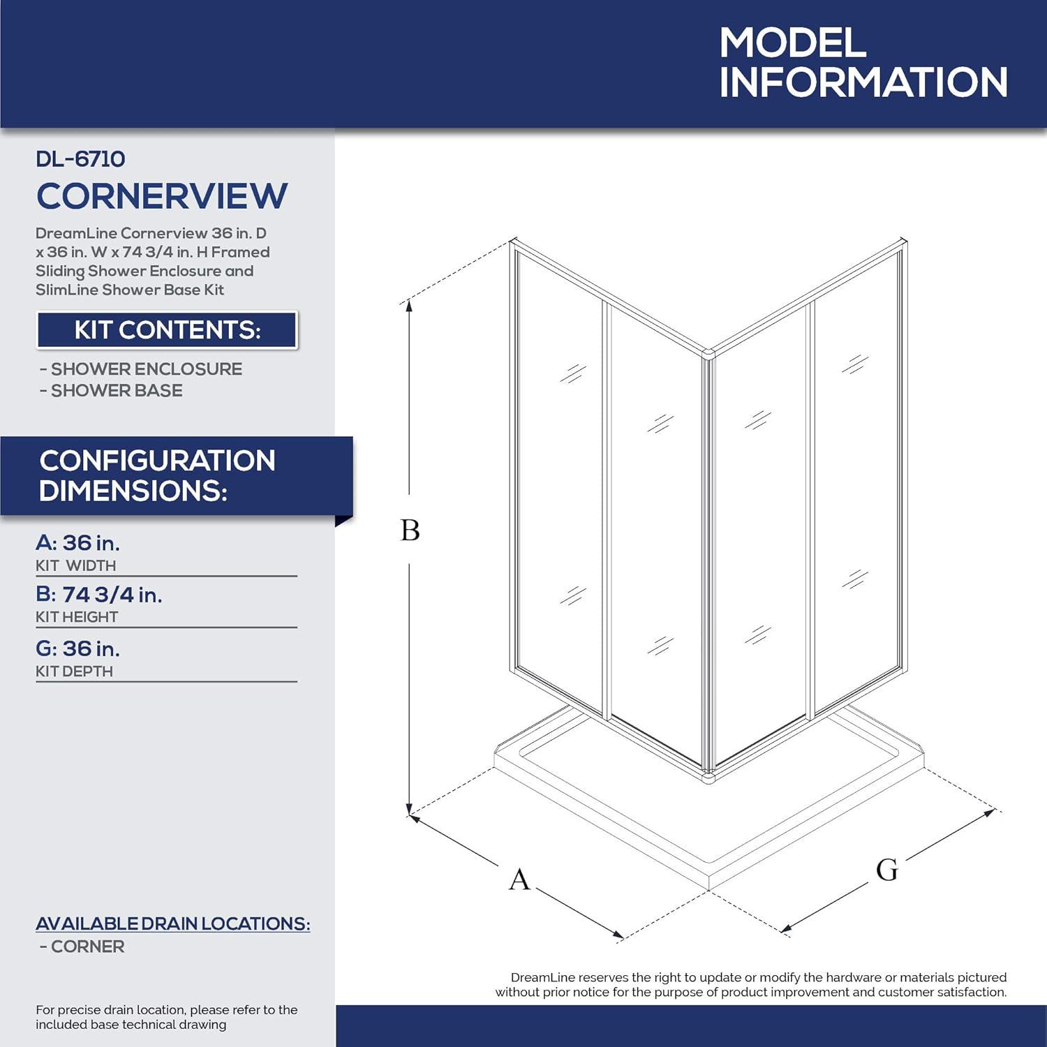 Cornerview 36" x 74.75" Framed Square Sliding Shower Enclosure with Base Included