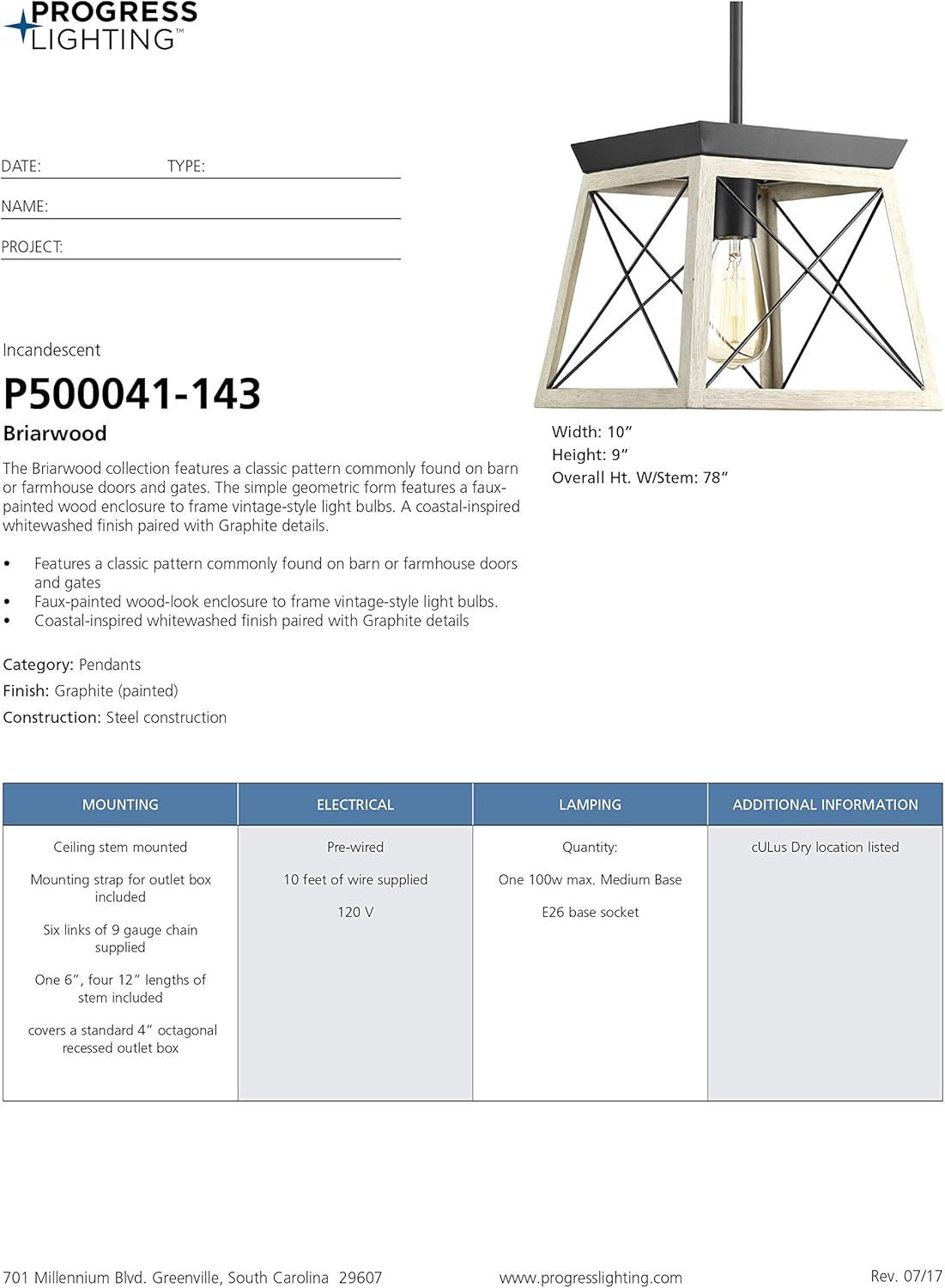 Progress Lighting Briarwood 1-Light Mini-Pendant, Steel, Graphite Finish, Faux-Painted Wood Enclosure