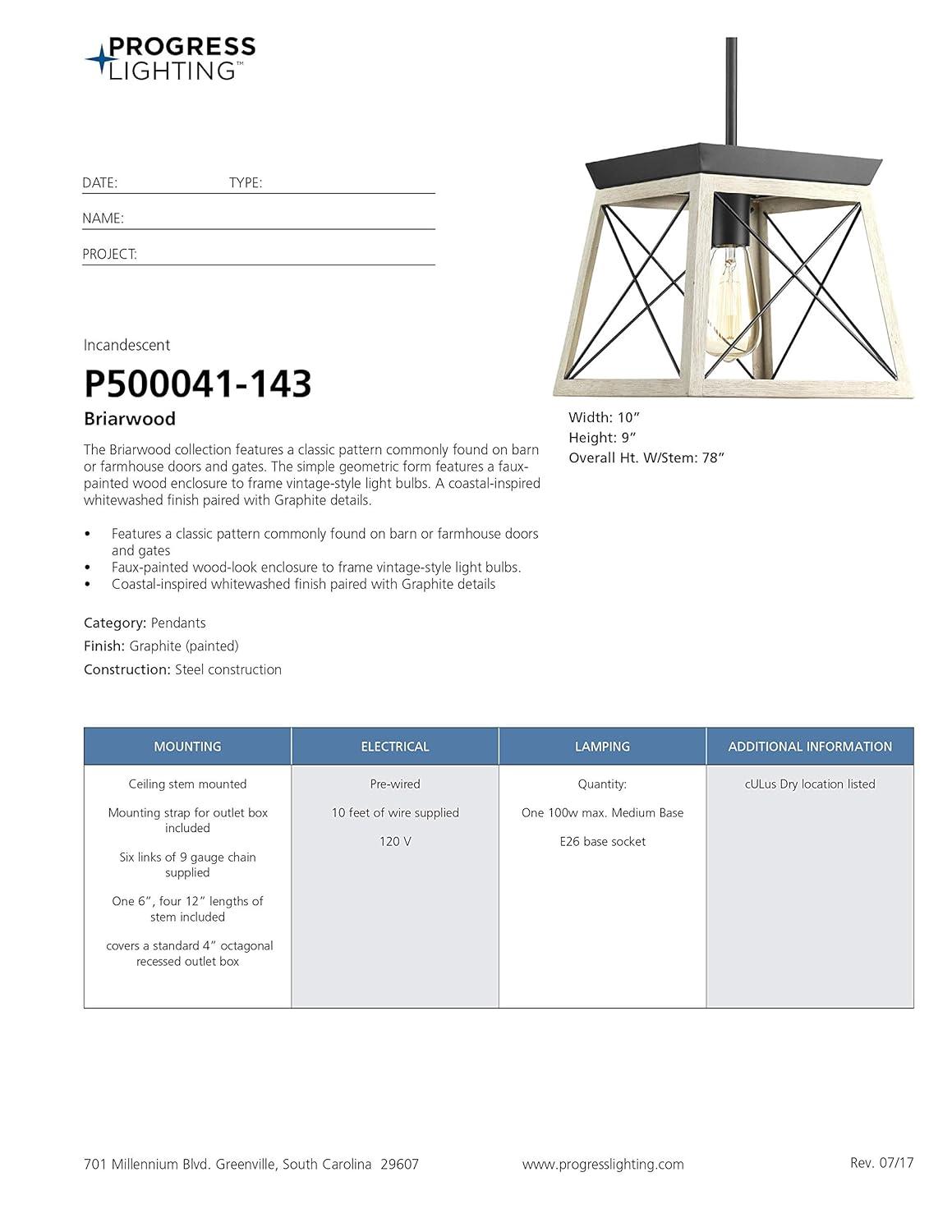 Progress Lighting Briarwood 1-Light Mini-Pendant, Steel, Graphite Finish, Faux-Painted Wood Enclosure
