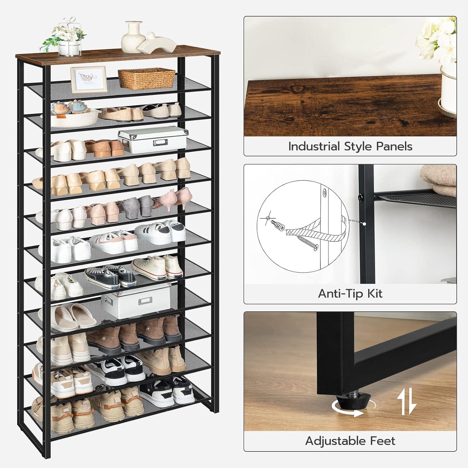 Rustic Brown and Black 12-Tier Metal and Wood Shoe Rack