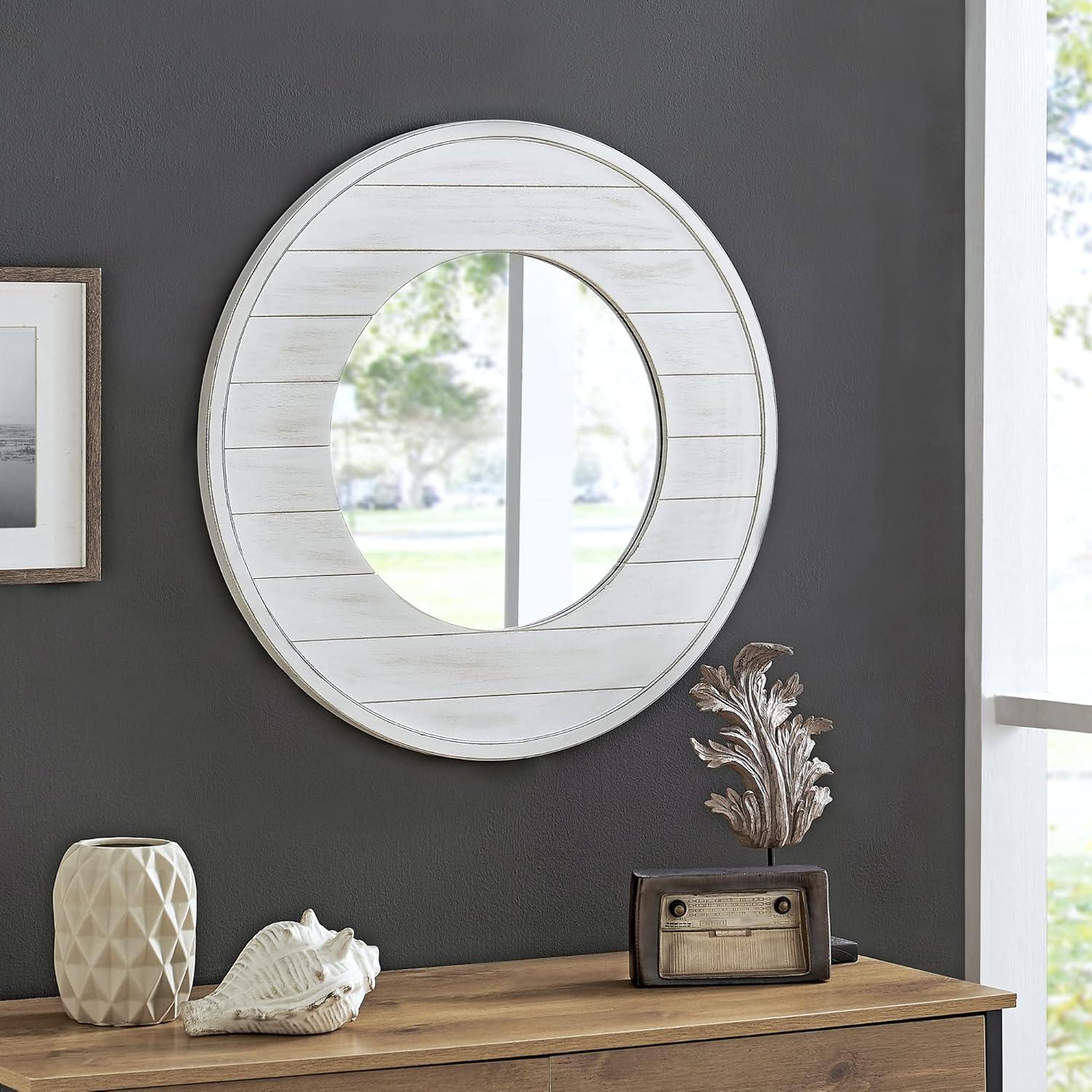 Ellison Round Whitewashed Wood Shiplap Wall Mirror