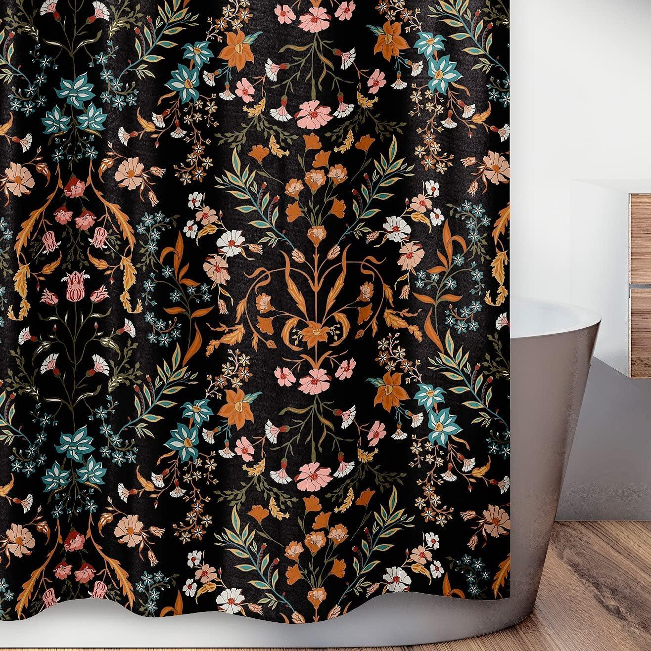 Boho Black and Orange Floral Fabric Shower Curtain 72x72