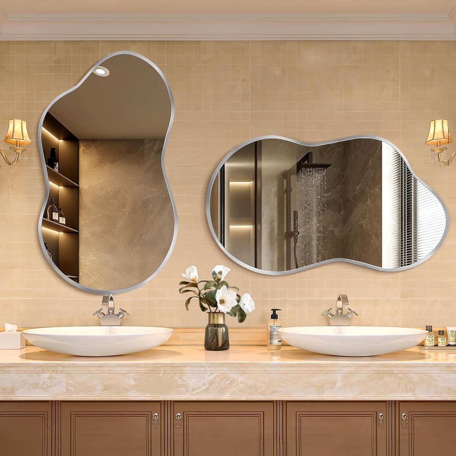 36 in. W. x 20 in. H Irregular Silver Aluminum Alloy Framed Wall Mirror Asymmetrical Wall Mirror