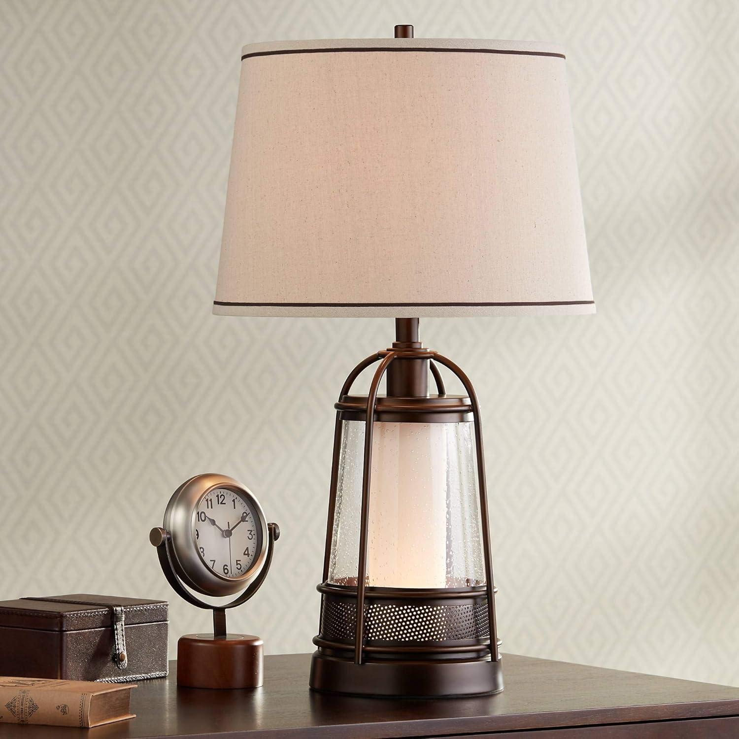 Franklin Iron Works Hugh Industrial Rustic Table Lamp 26" High Bronze Metal Seeded Glass with LED Nightlight Off White Shade for Bedroom Living Room