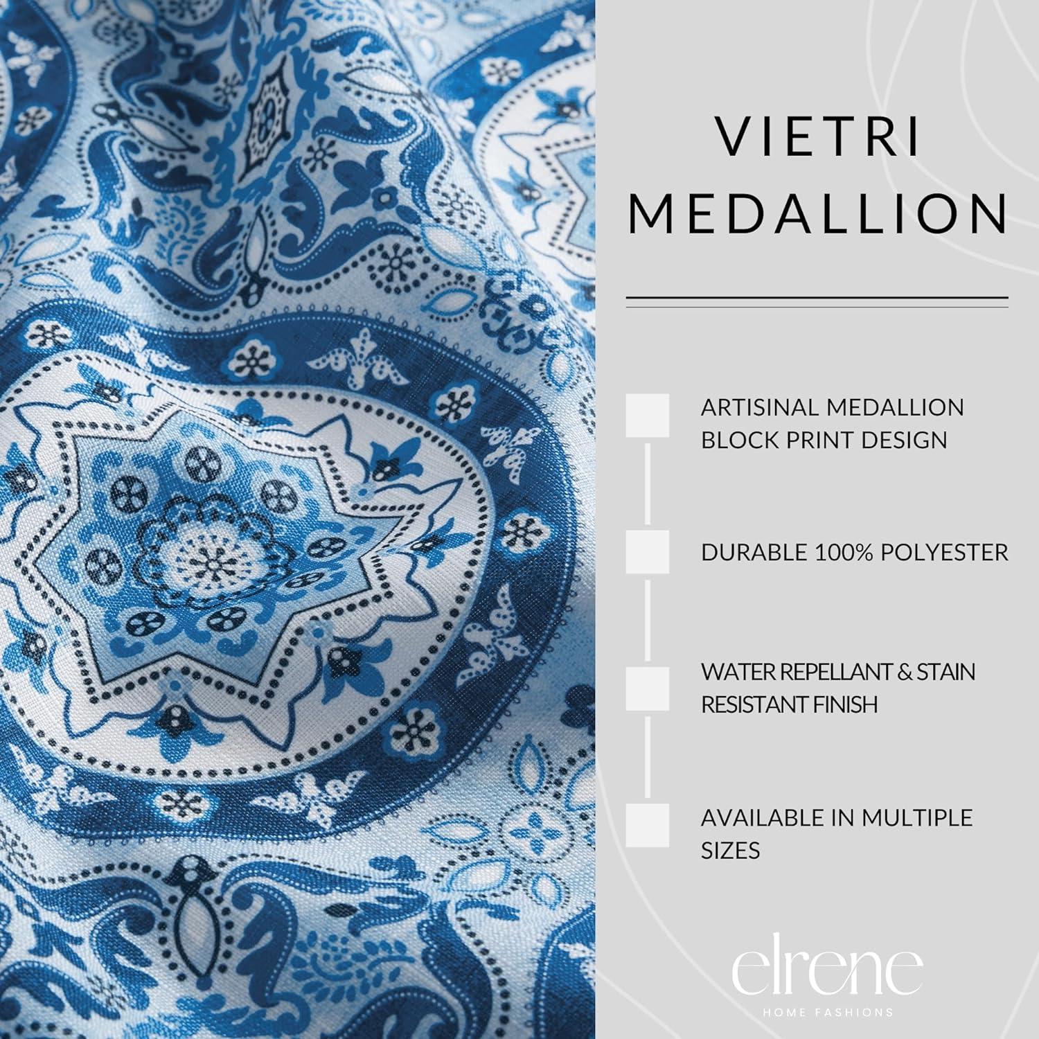 Vietri Medallion Blue Block Print Stain & Water Resistant Indoor/Outdoor Table Runner - Multicolor - 13x70 - Elrene Home Fashions