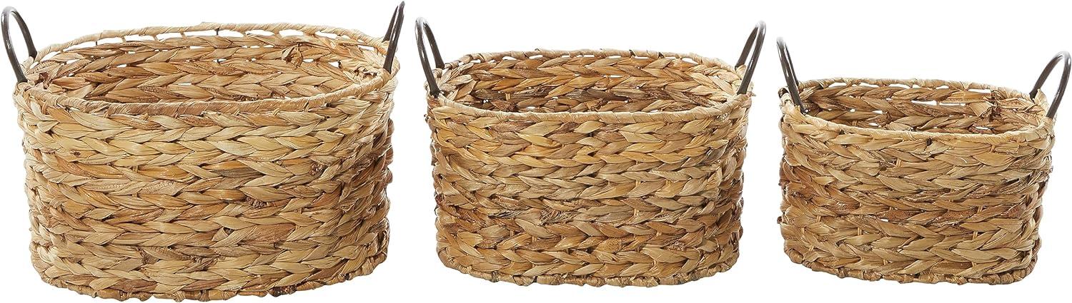 DecMode 16", 13", 11"W Brown Metal Handmade Storage Basket with Metal Handles, 3-Pieces