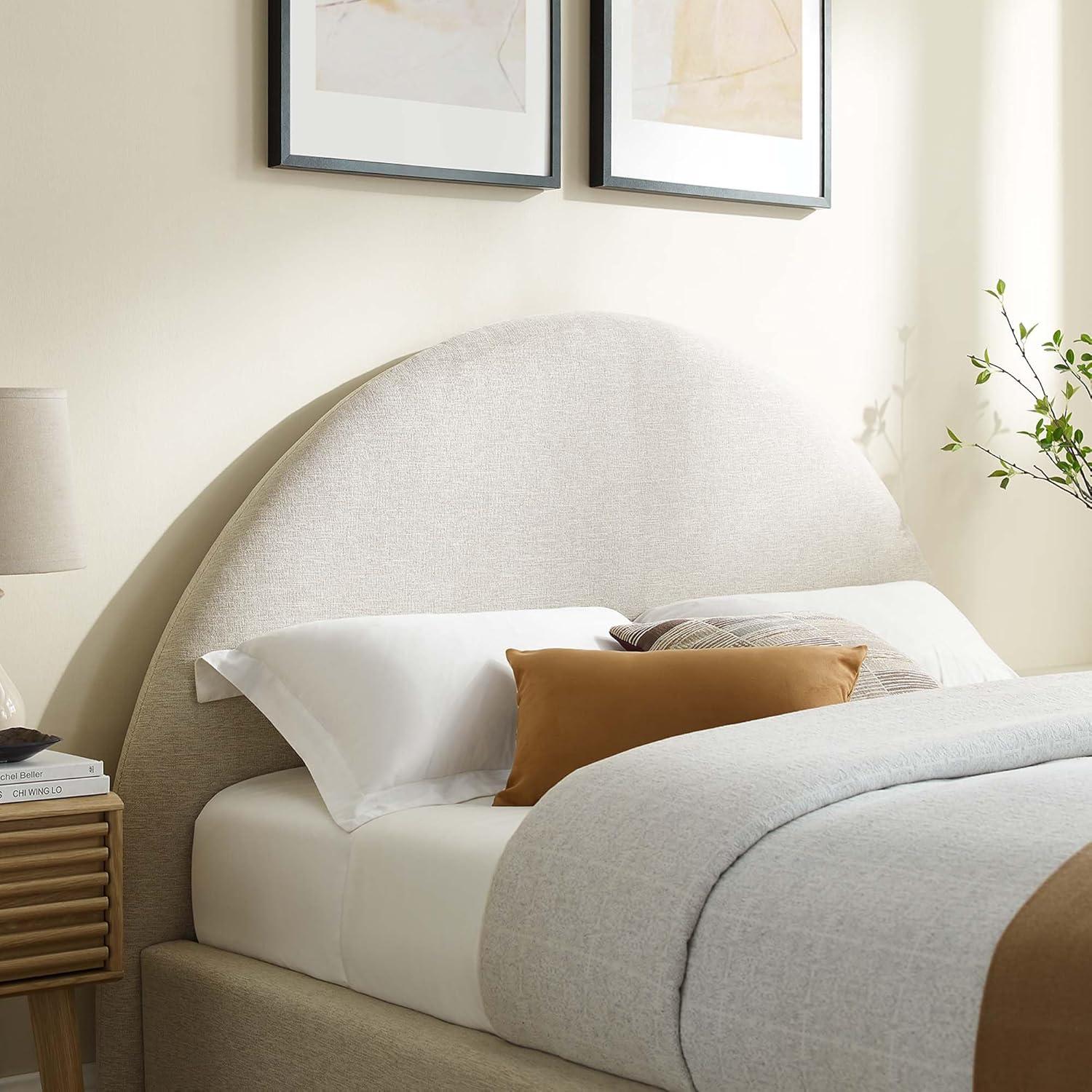 Ivory Velvet Upholstered Full Platform Bed with Arched Headboard