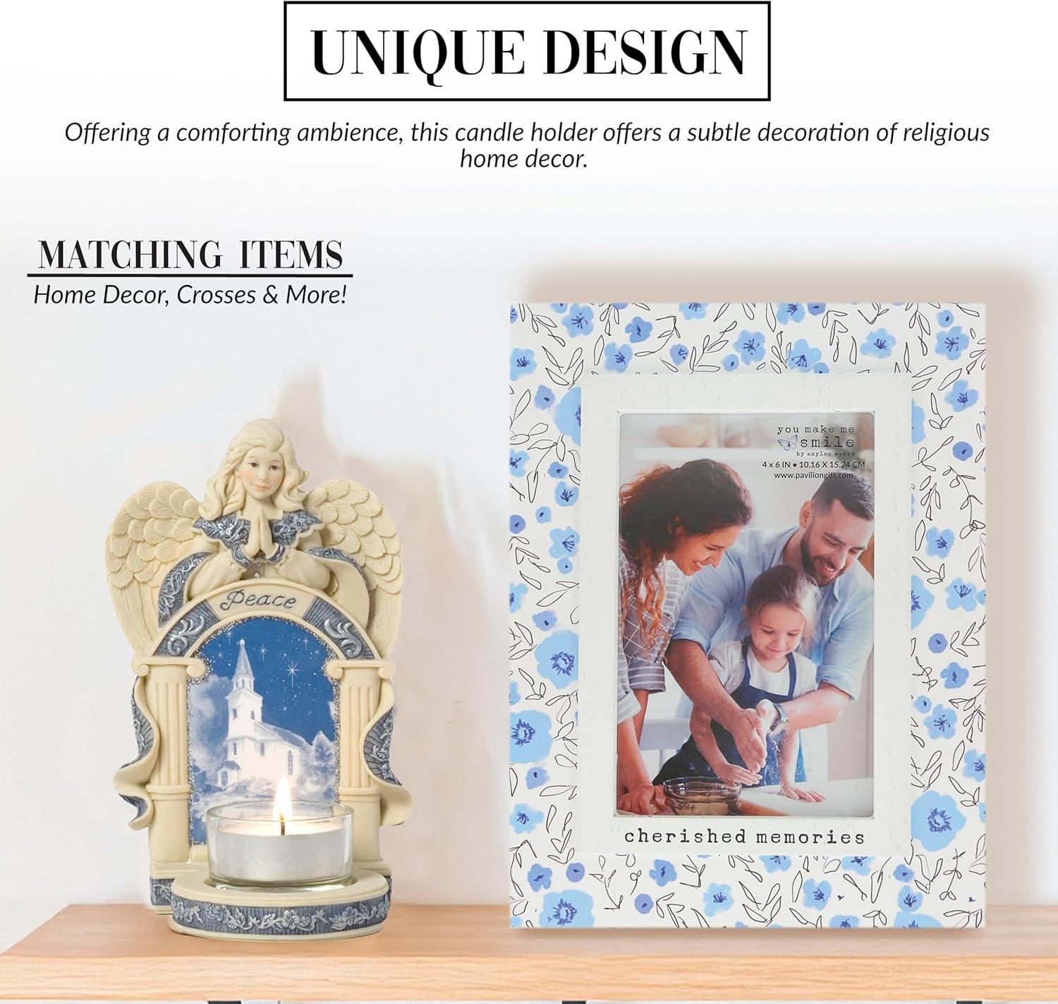 Pavilion Gift Company Angel w/Church Scene Figurine, Off-White, Blue