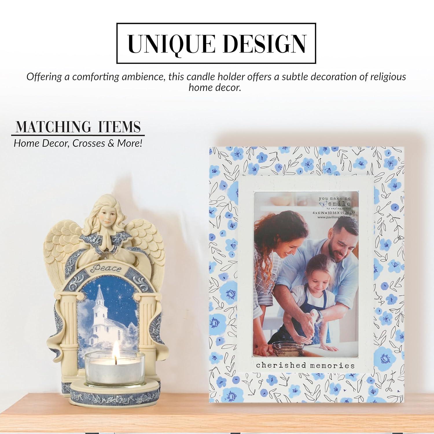 Pavilion Gift Company Angel w/Church Scene Figurine, Off-White, Blue