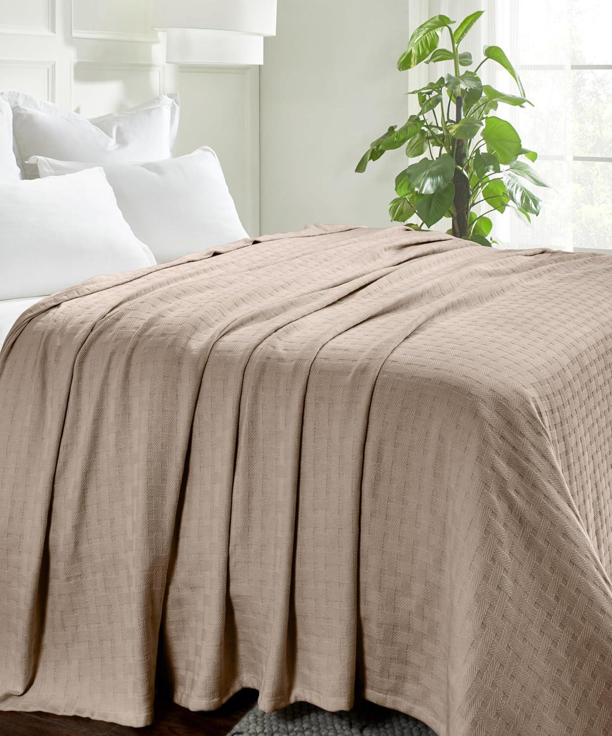 Superior Basketweave All-Season Cotton Blanket, Full/Queen, Khaki