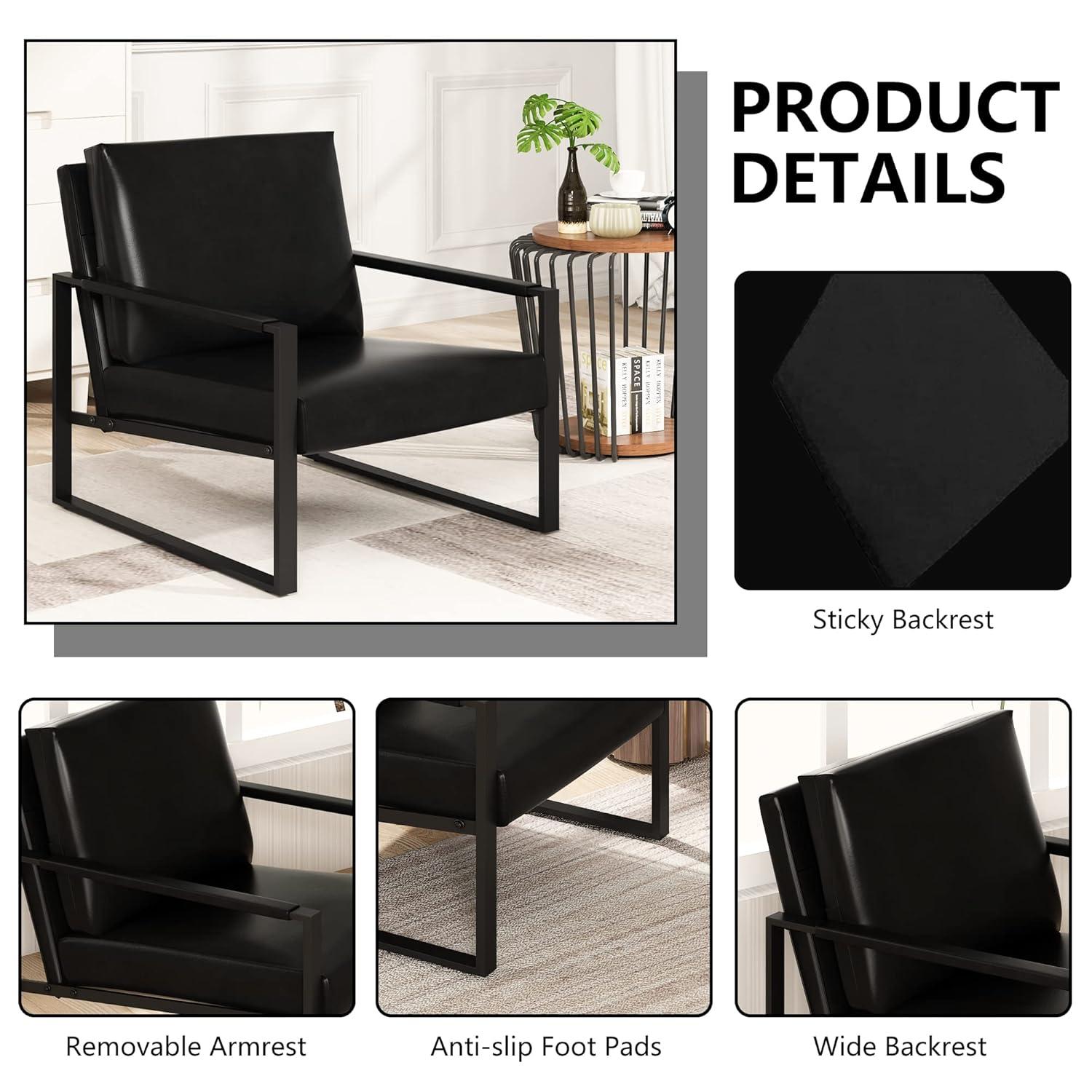 AWQM Leather Accent Chair Set of 2 Sofa Chair with Extra-Thick Padded Backrest and Seat Cushion Single Sofa for Living Room Bedroom, Black Metal Frame, 105 Degree Slant Back, Black