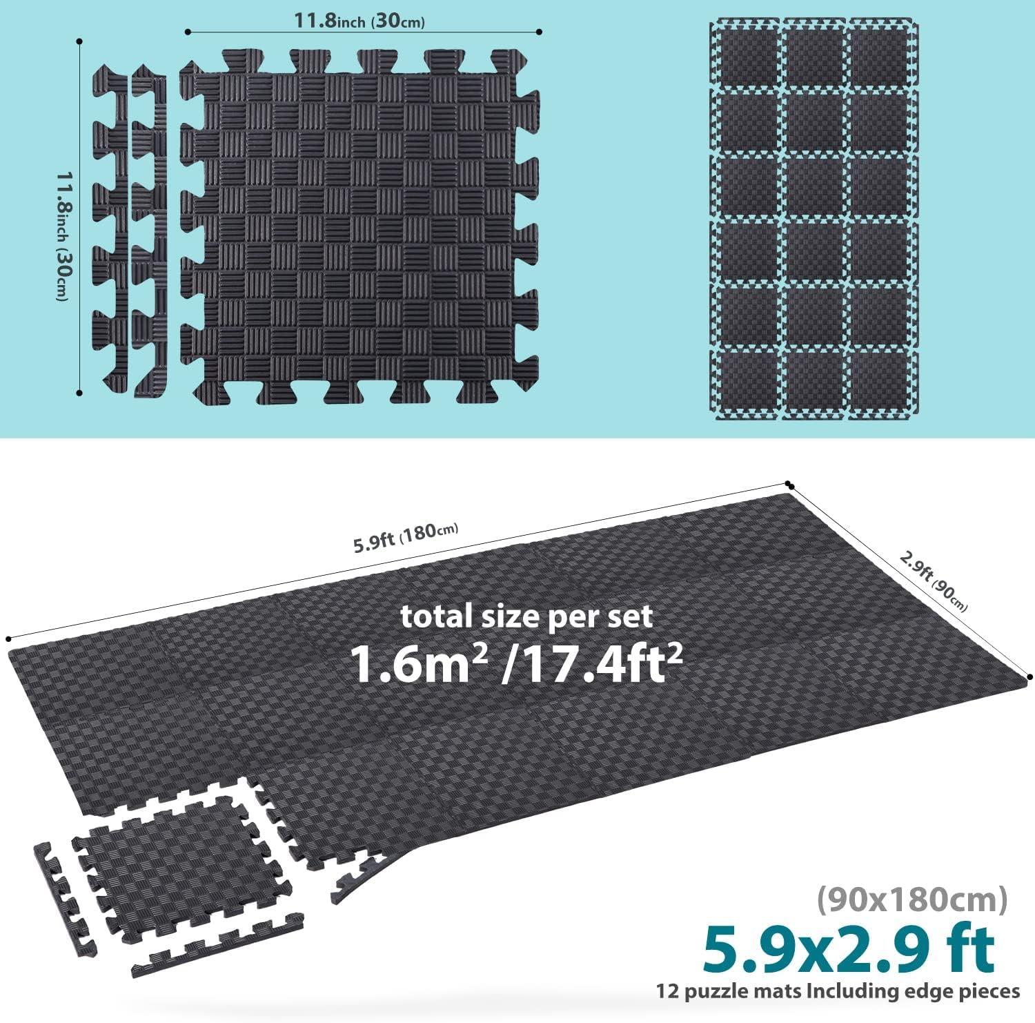 Black EVA Foam Interlocking Exercise Floor Mats, 12" x 12"