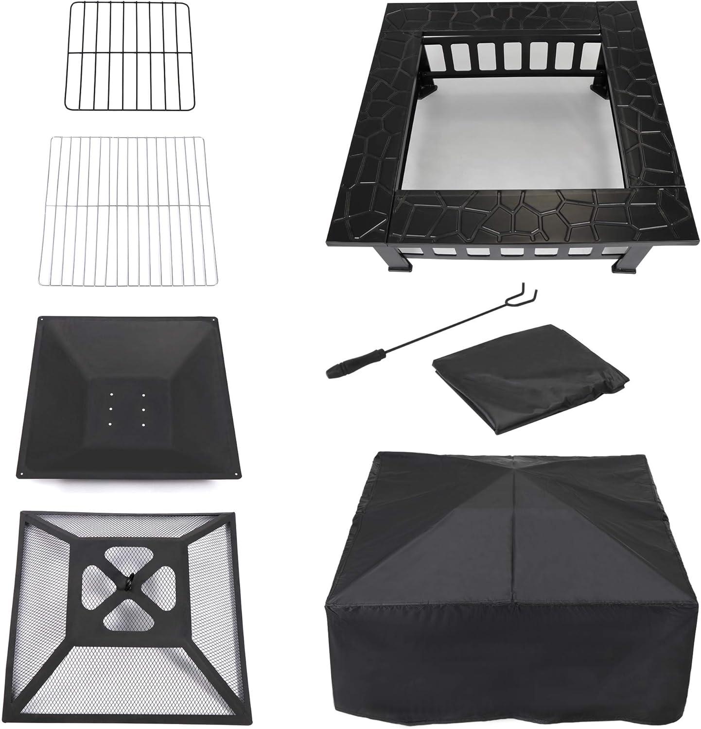 LEMY 32 Inch Outdoor Fire Pit Table, Wood Burning Firepit Stove with Lid for Camping&BBQ, Garden, Backyard