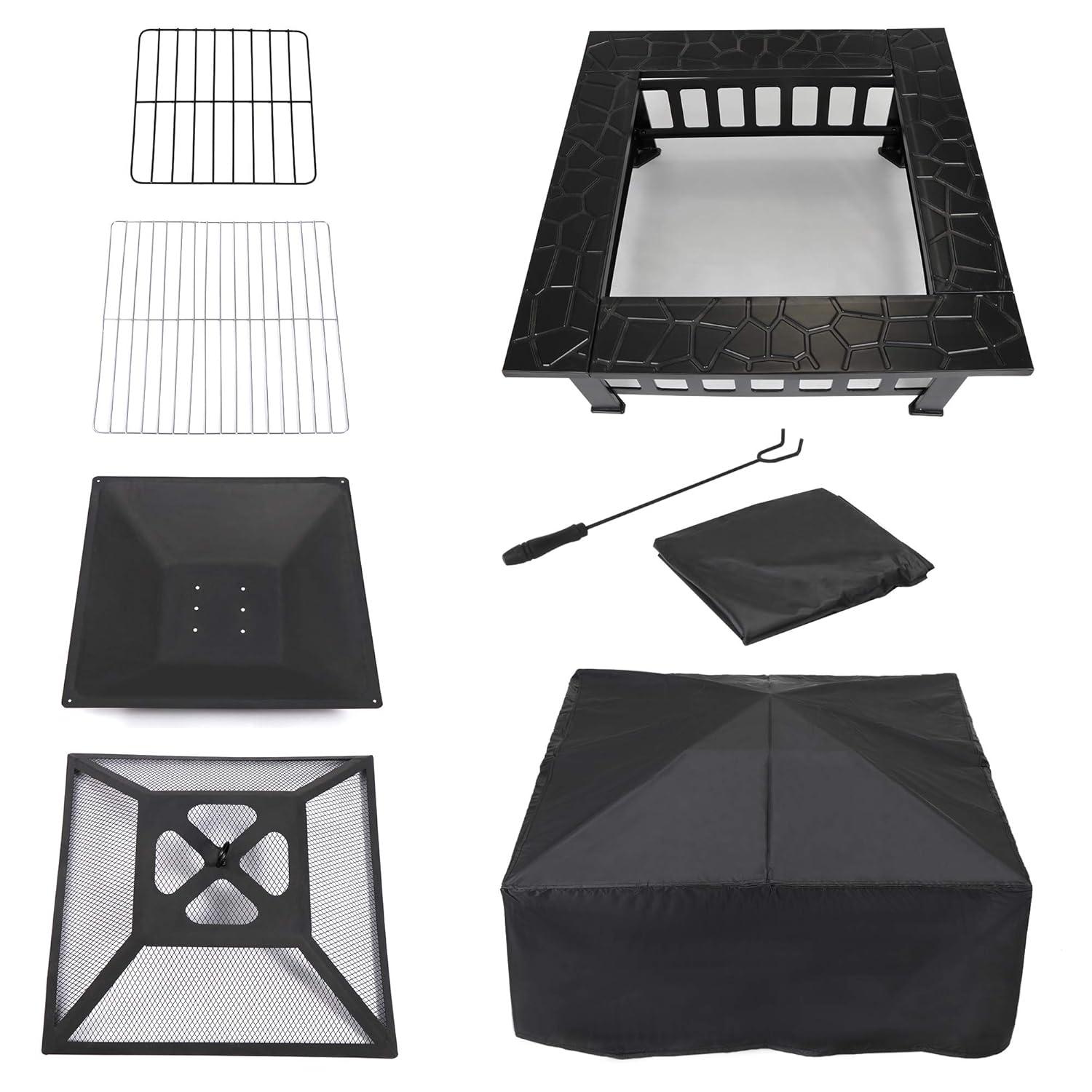 LEMY 32 Inch Outdoor Fire Pit Table, Wood Burning Firepit Stove with Lid for Camping&BBQ, Garden, Backyard