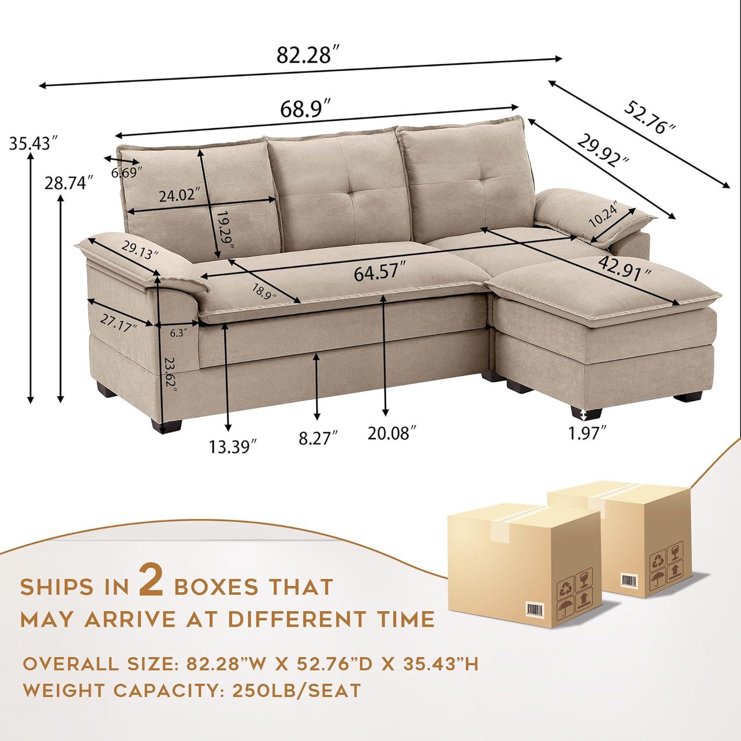 82" Convertible Sectional Sofa, L-Shaped Comfy Cloud Couch with Reversible Chaise and Padded Armrests, Modern Polyester 3 Seat Sofa Couches for Living Room (Green)