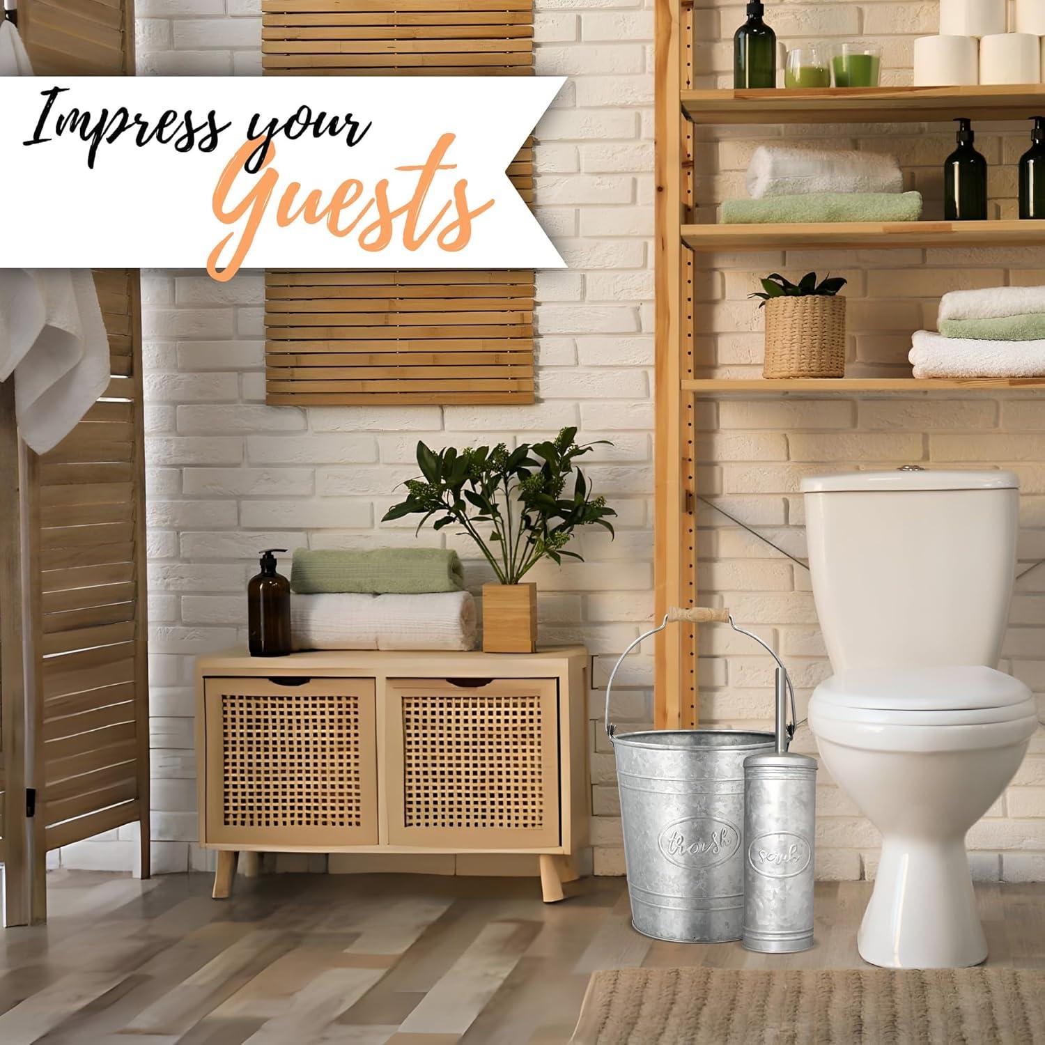 Galvanized Steel Rustic Bathroom Trash Can and Toilet Brush Set