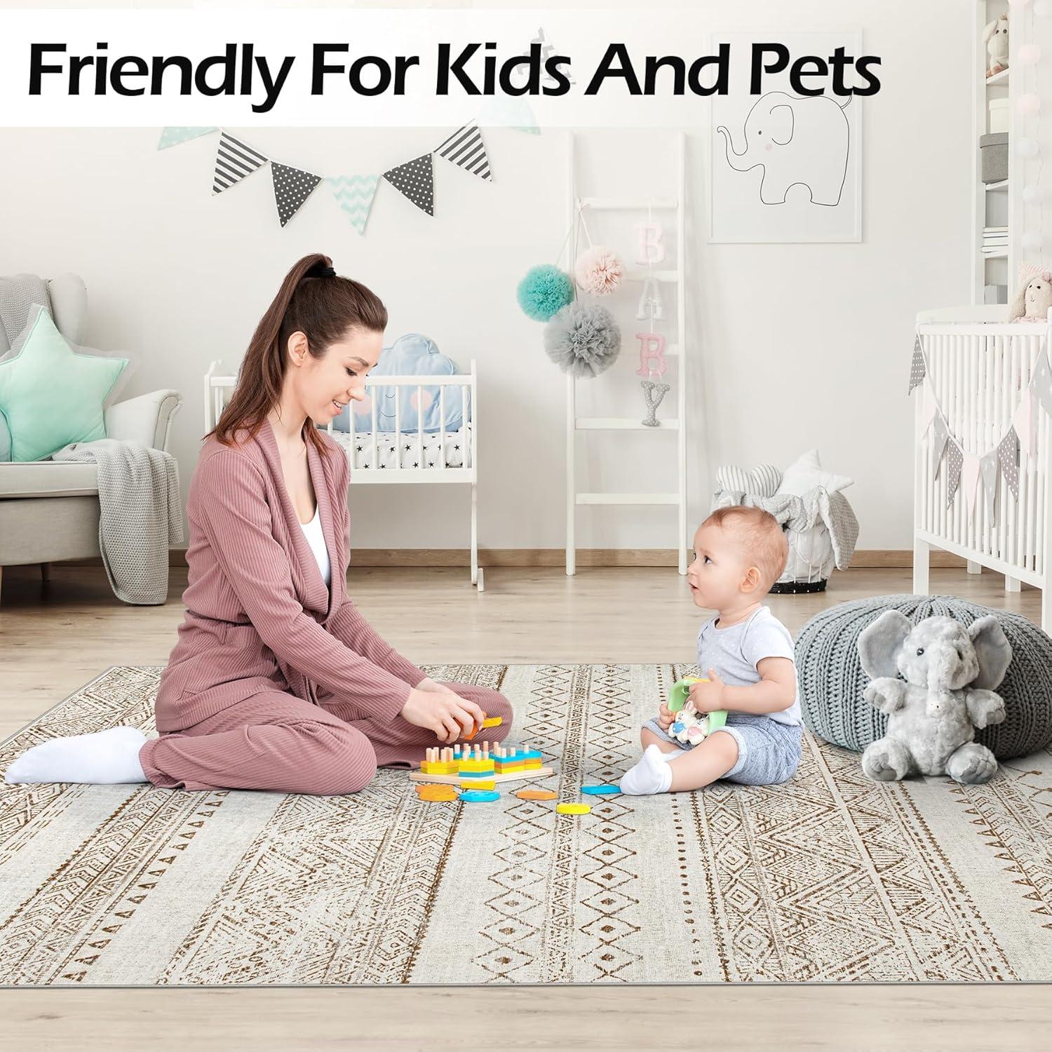 FairOnly 9'x12' Brown White Area Rugs Machine Washable Vintage Rugs for Bathroom Geometric Moroccan Ultra-Thin Area Rugs for Family Room Living Room Carpet