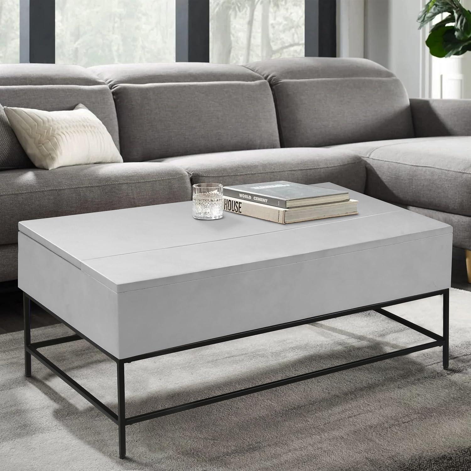 45 Inch Rectangular Mango Wood Coffee Table, Lift Top Storage, Iron Frame, White, Black 71911