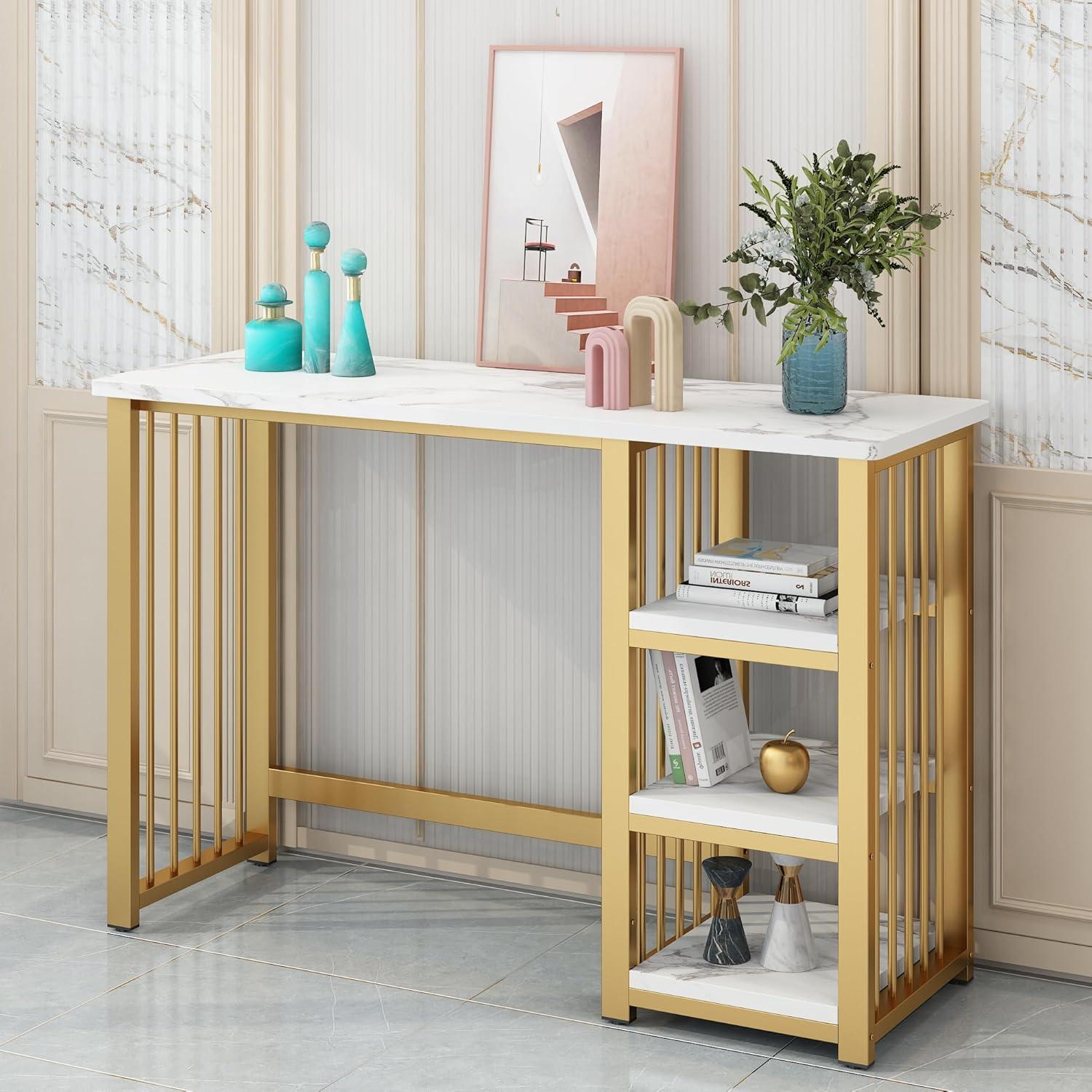 Gold and White Faux Marble Console Table with Storage Shelves