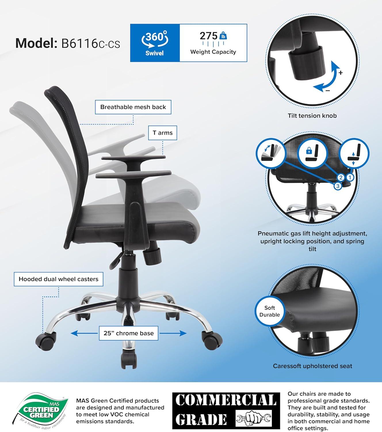 Fixed Arm Budget Mesh Task Chair Black - Boss Office Products: Chrome Base, Pneumatic Lift, Locking Tilt Control